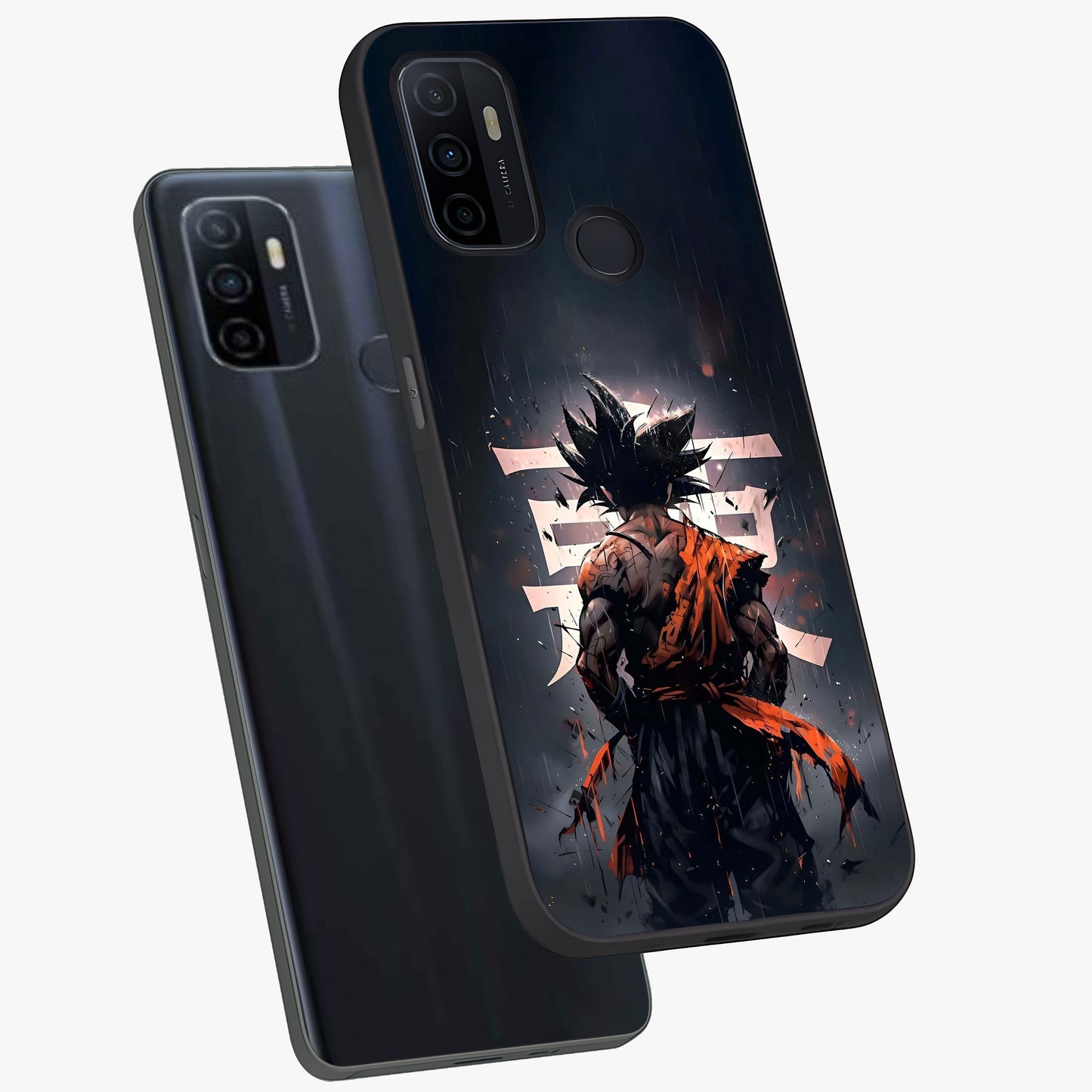 Dark Warrior In Rain Glass Case displayed in angled mockup highlighting dramatic warrior illustration with dark rain aesthetic.