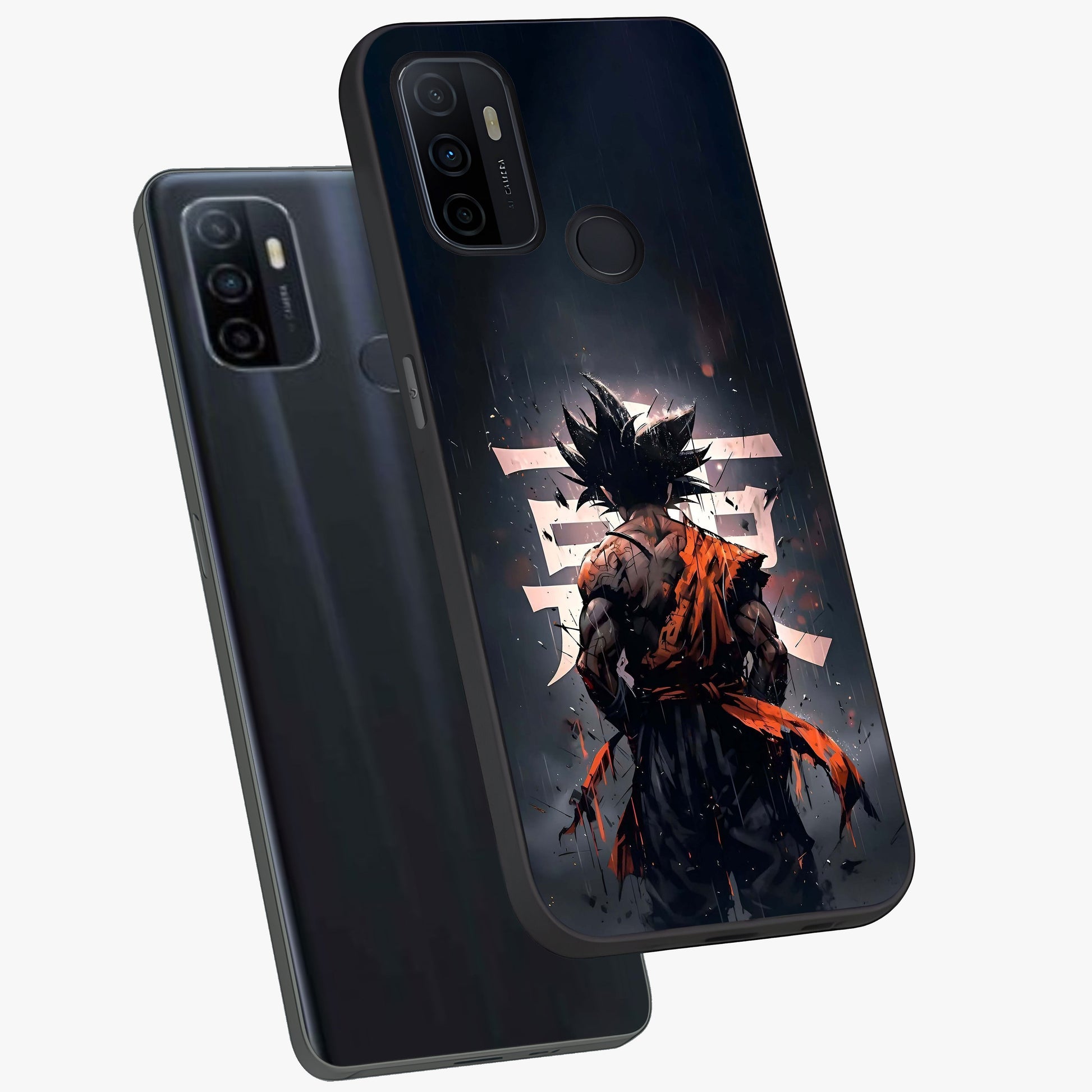 Dark Warrior In Rain Glass Case displayed in angled mockup highlighting dramatic warrior illustration with dark rain aesthetic.