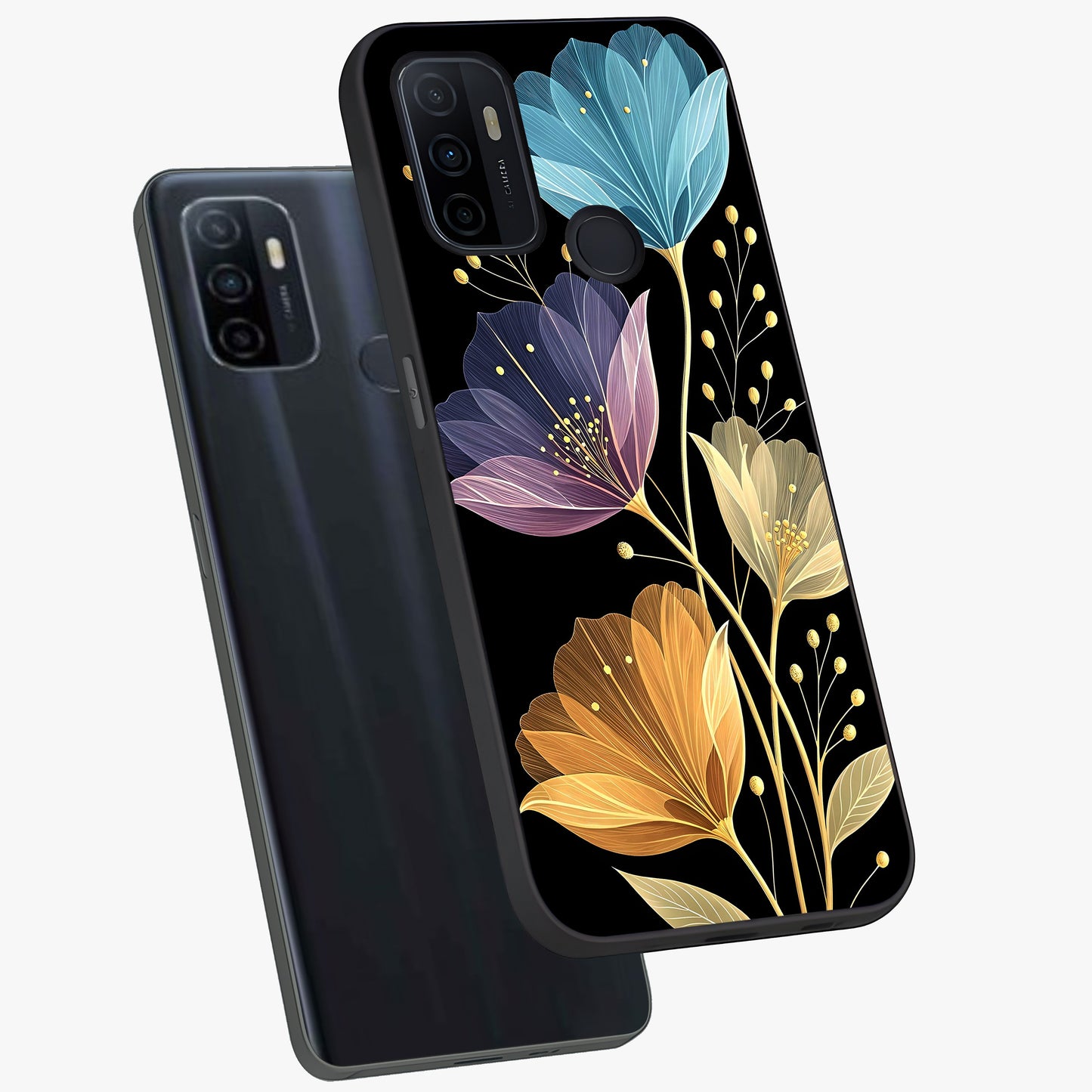 Delicate Multicolor Flowers Glass Case displayed in angled mockup highlighting colorful flower pattern with soft aesthetic style.