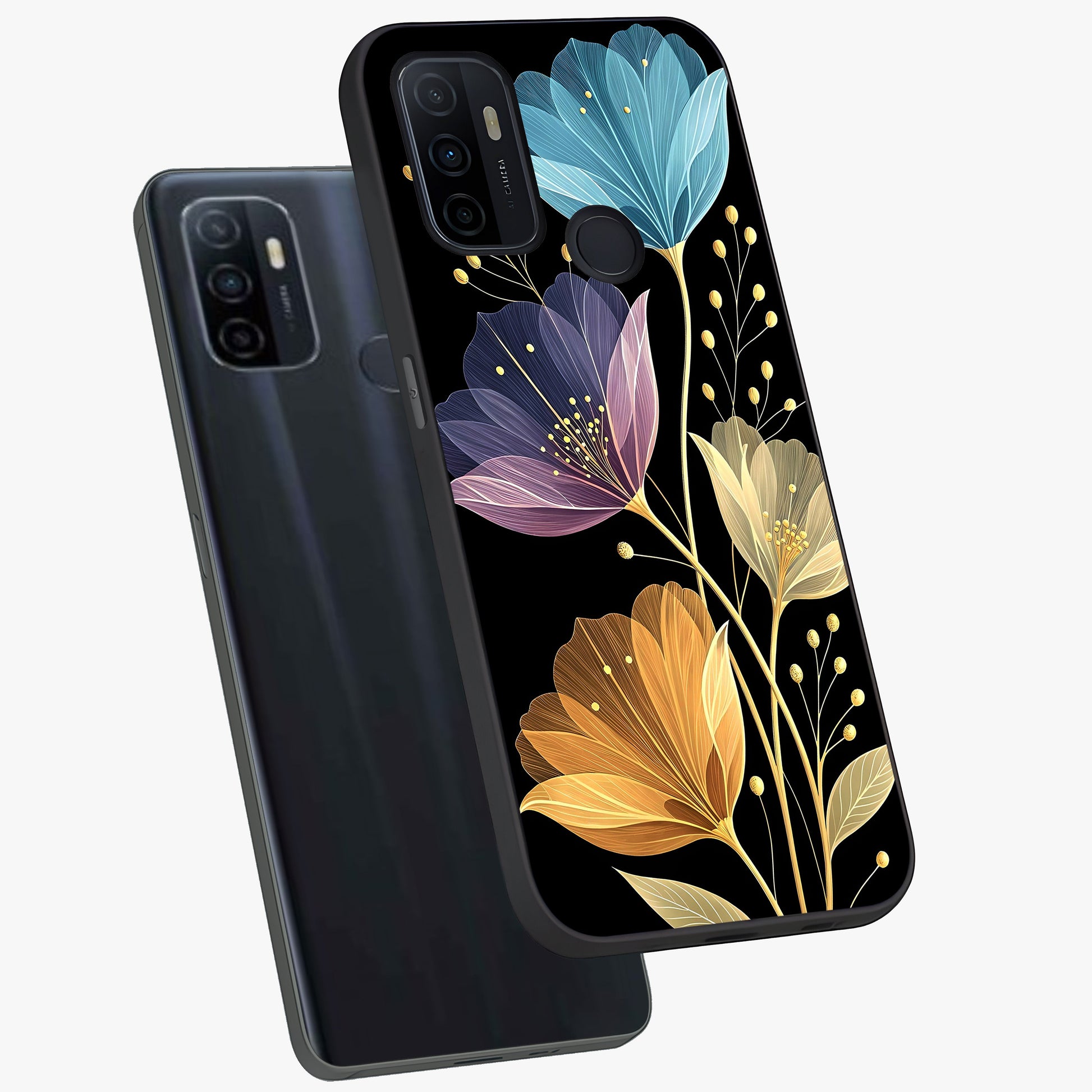 Delicate Multicolor Flowers Glass Case displayed in angled mockup highlighting colorful flower pattern with soft aesthetic style.