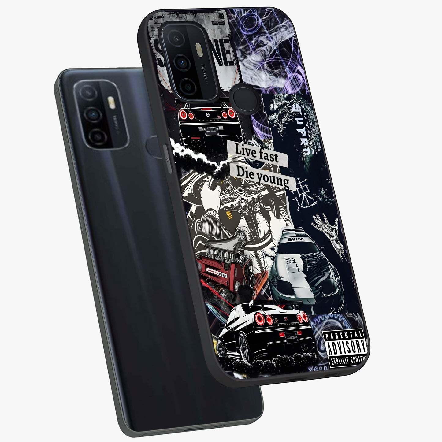 Die Young Glass Case displayed in angled mockup highlighting expressive graphic artwork with edgy aesthetic style.