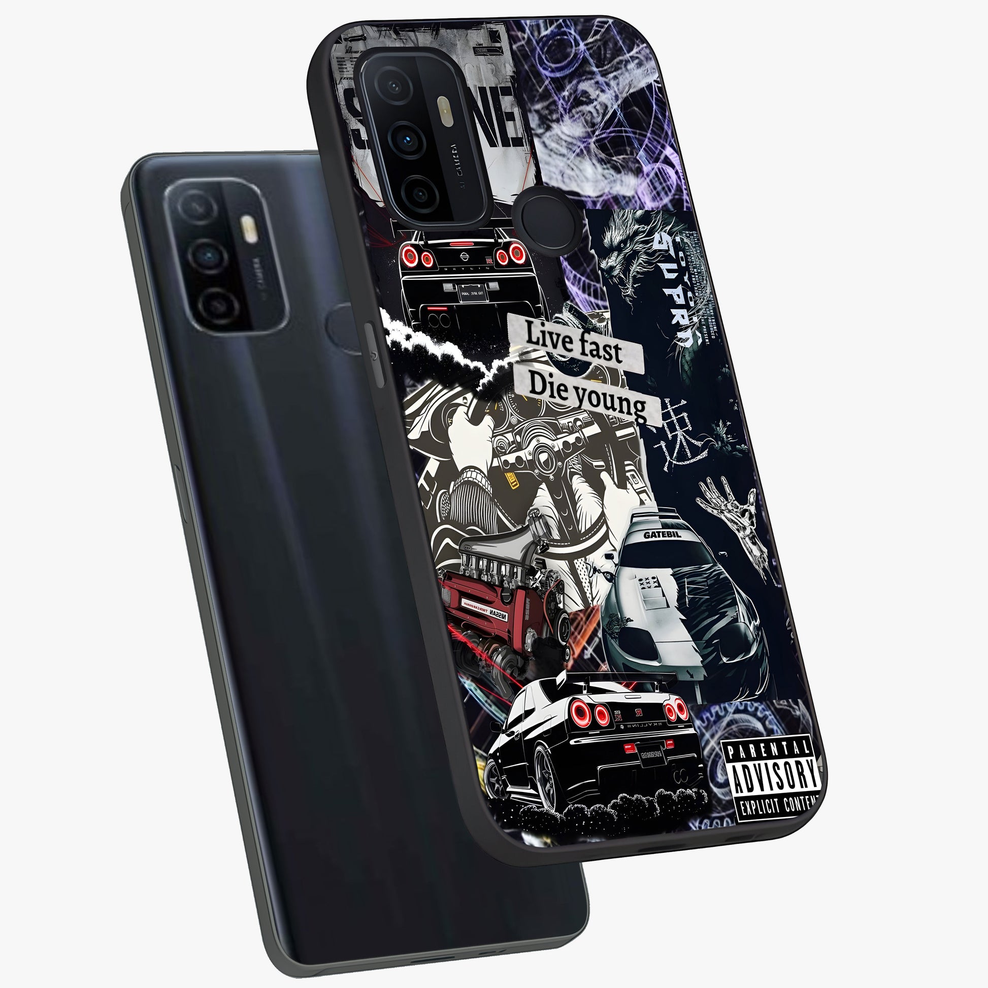 Die Young Glass Case displayed in angled mockup highlighting expressive graphic artwork with edgy aesthetic style.