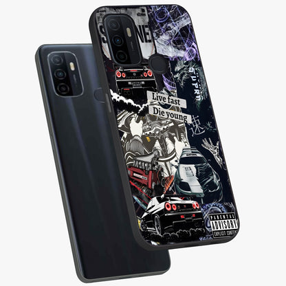 Die Young Glass Case displayed in angled mockup highlighting expressive graphic artwork with edgy aesthetic style.