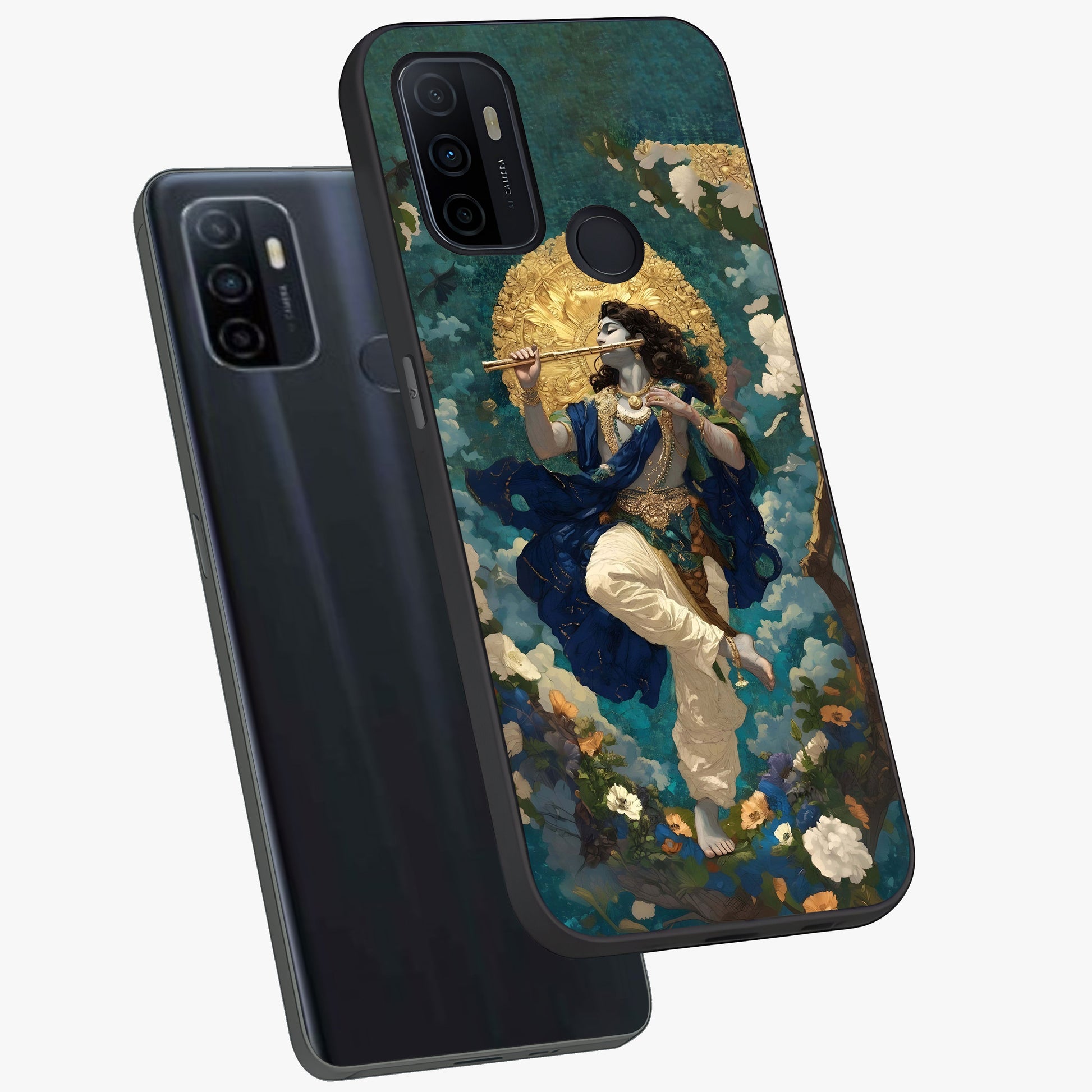 Divine Krishna Art Glass Case displayed in angled mockup highlighting spiritual Krishna illustration with devotional aesthetic.