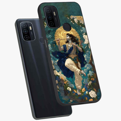 Divine Krishna Art Glass Case displayed in angled mockup highlighting spiritual Krishna illustration with devotional aesthetic.