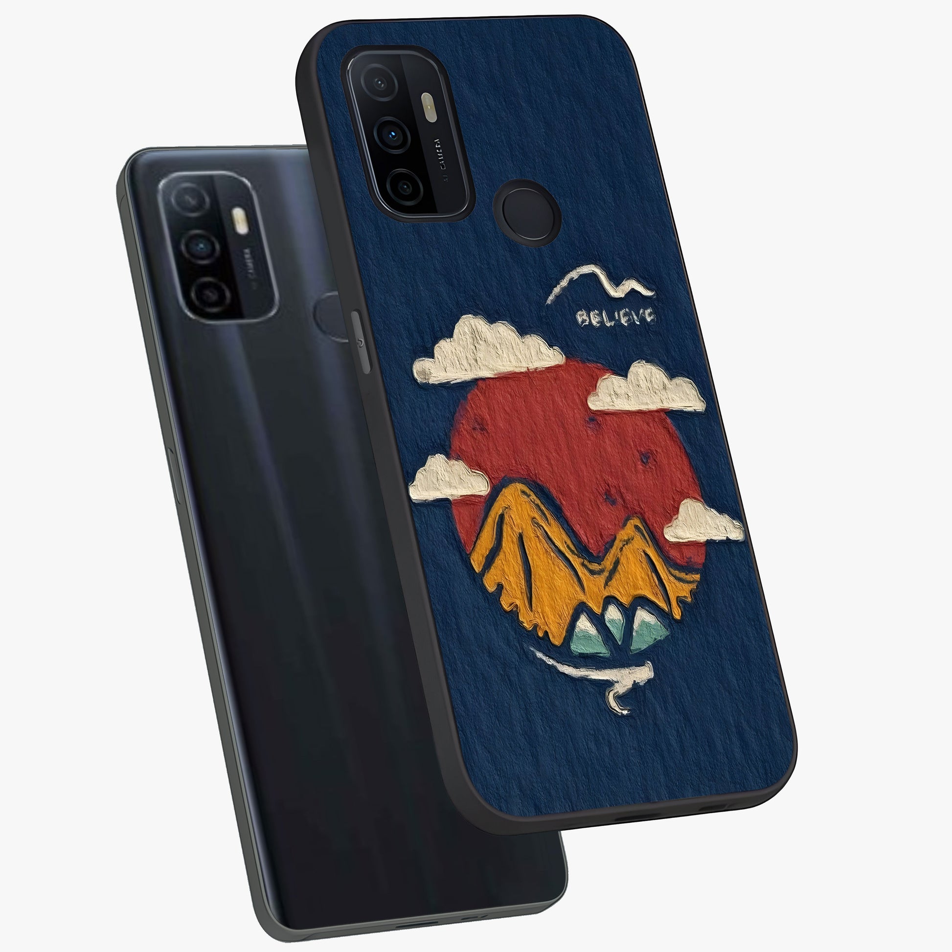 Dream Beyond Mountains Glass Case displayed in angled mockup highlighting dreamy mountain illustration with peaceful aesthetic.