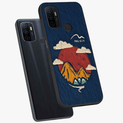 Dream Beyond Mountains Glass Case displayed in angled mockup highlighting dreamy mountain illustration with peaceful aesthetic.