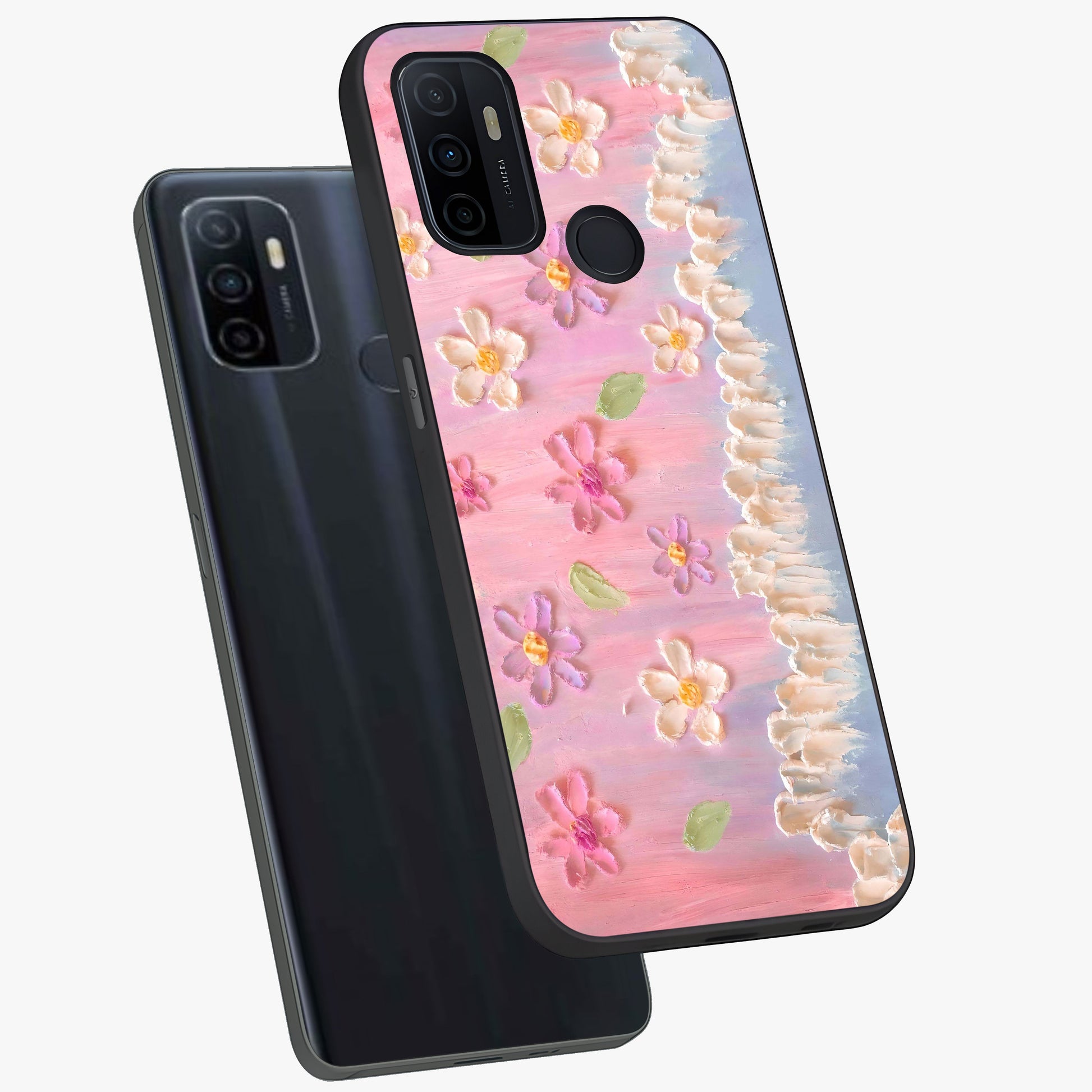 Dreamy Painted Garden Glass Case displayed in angled mockup highlighting colorful garden illustration with dreamy aesthetic style.