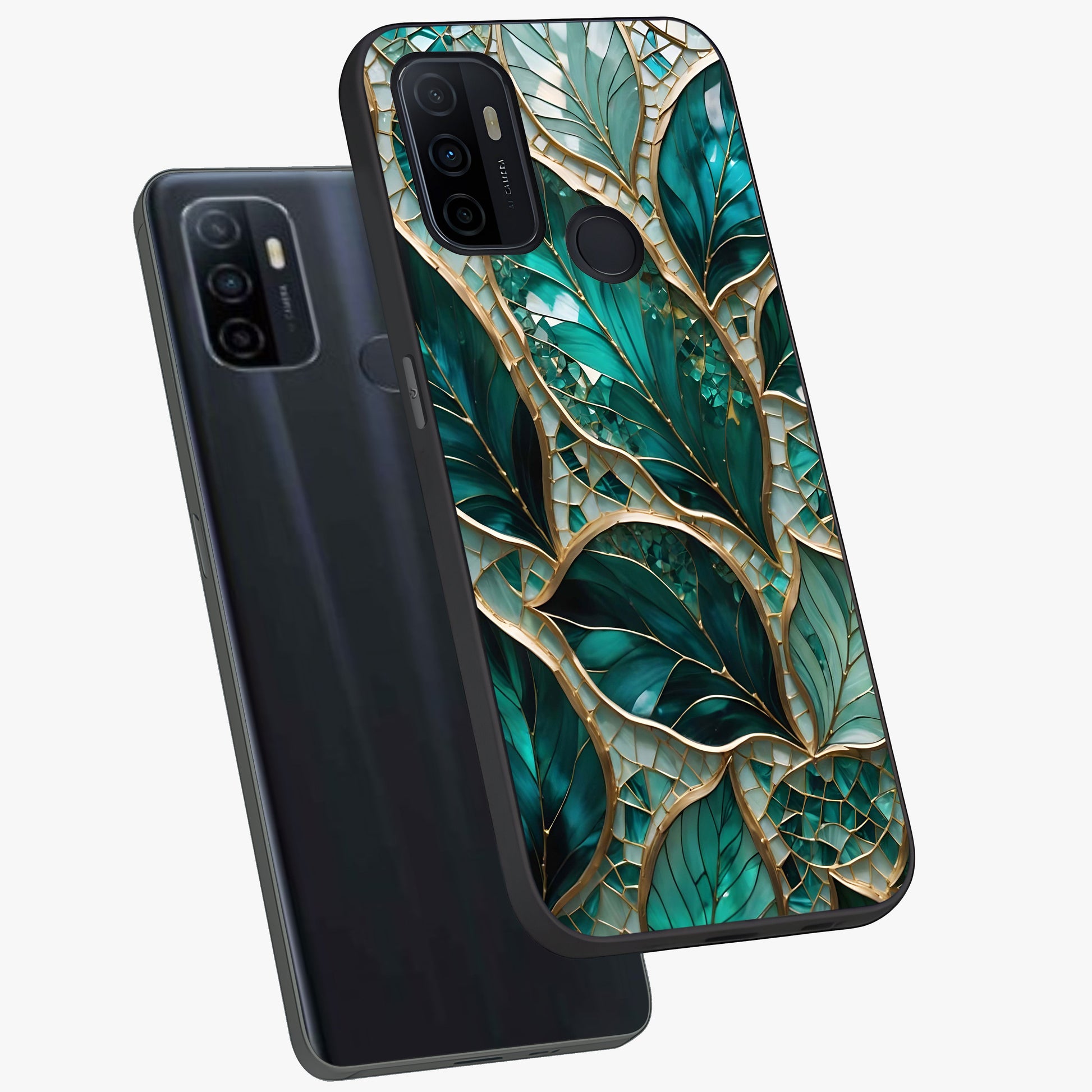 Emerald Leaf Glass Glass Case displayed in angled mockup highlighting botanical leaf illustration with elegant natural aesthetic.