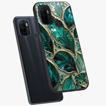 Emerald Leaf Glass Glass Case displayed in angled mockup highlighting botanical leaf illustration with elegant natural aesthetic.