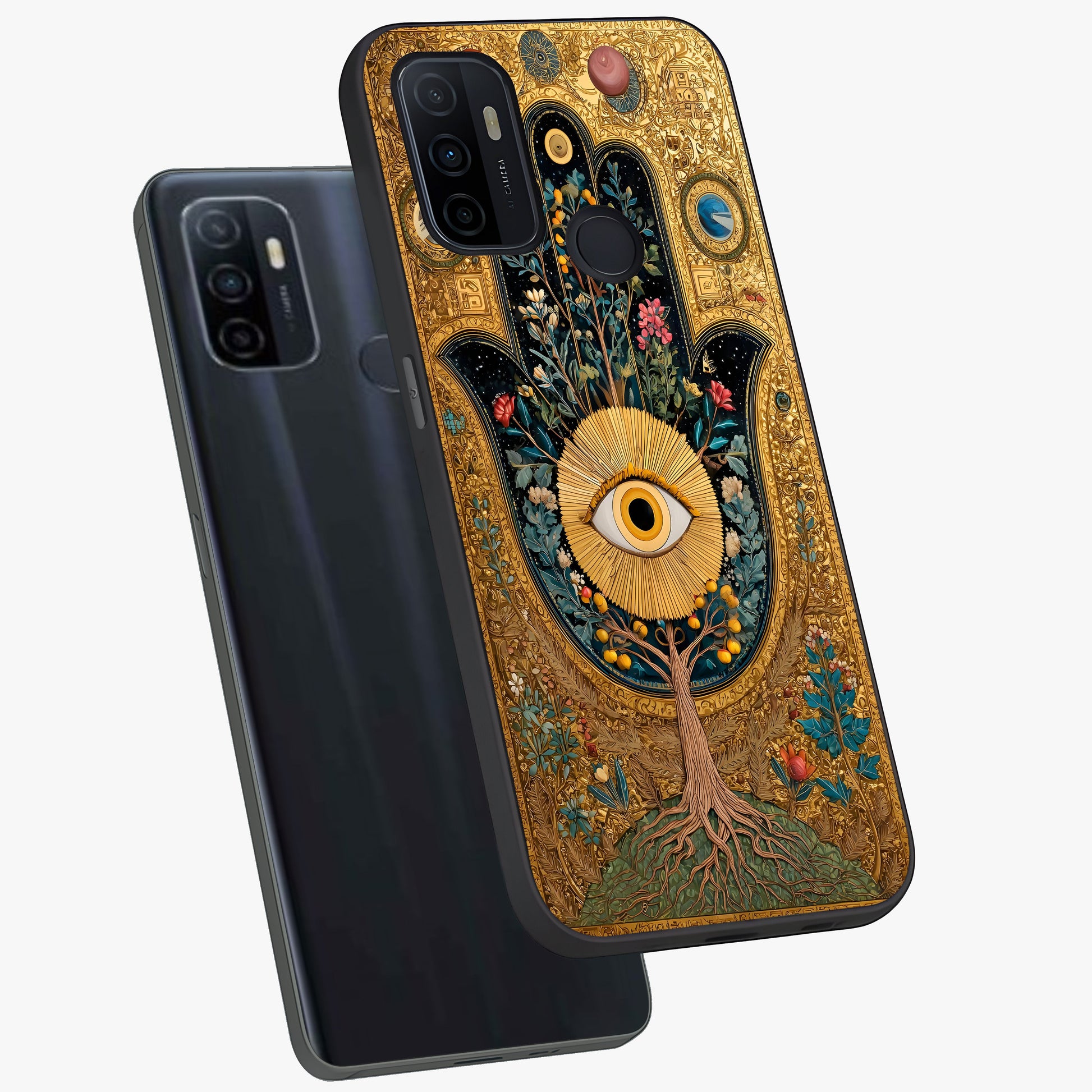 Ethereal Evil Eye Glass Case displayed in angled mockup highlighting protective evil eye symbol with spiritual aesthetic design.