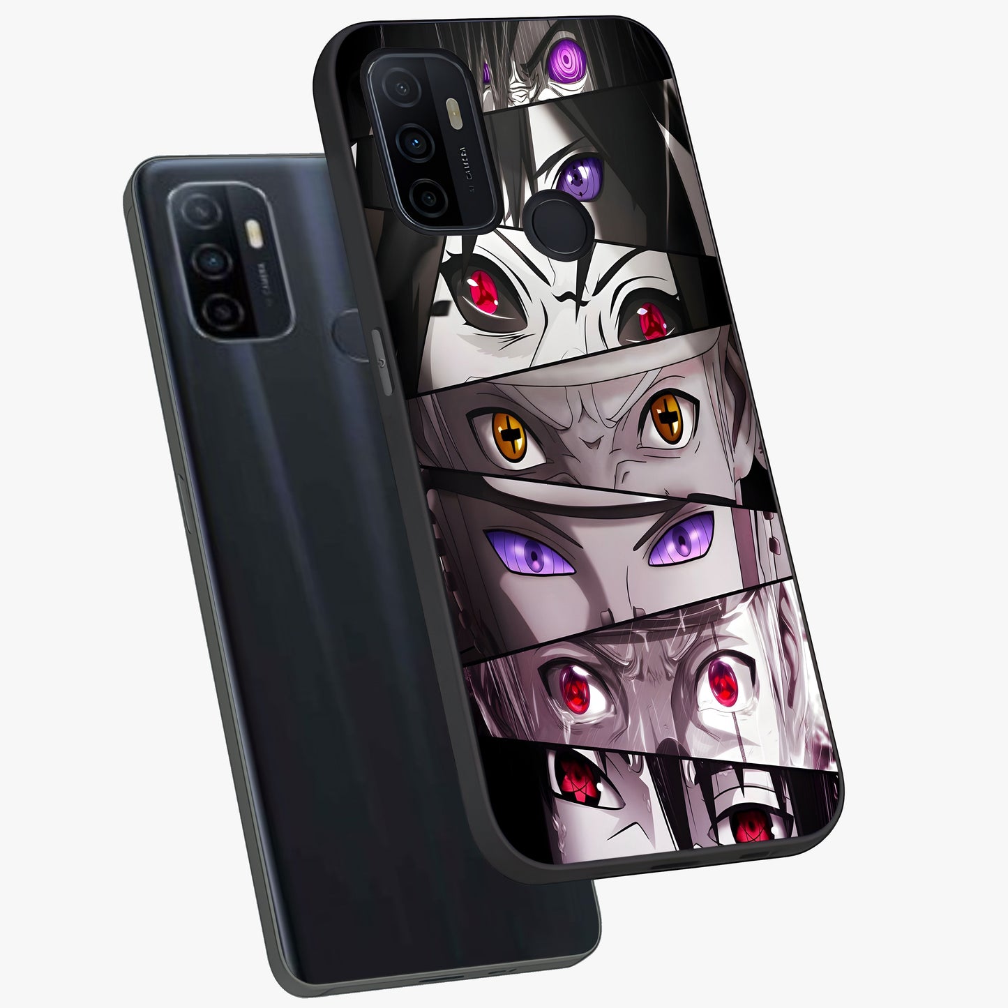 Eyes of Destiny Glass Case displayed in angled mockup highlighting bold eye illustration with mystical aesthetic style.