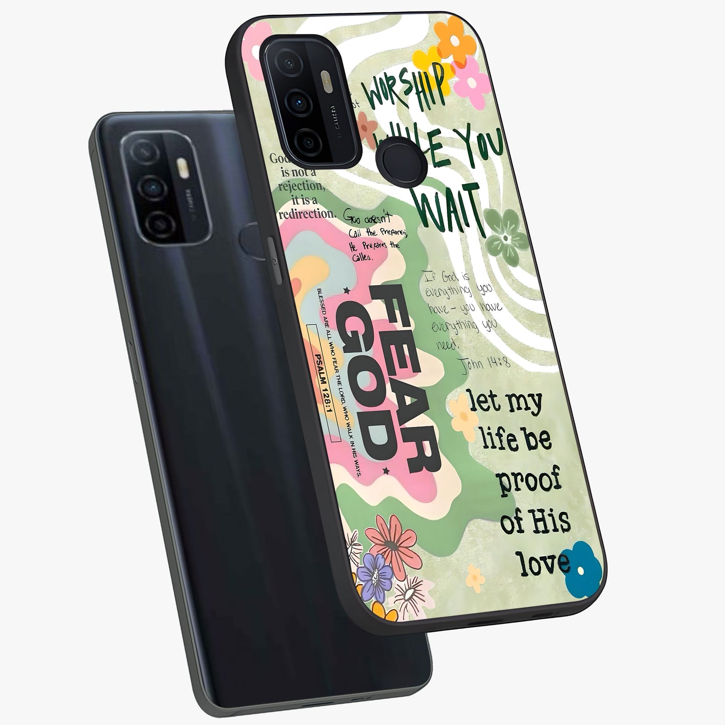 Faith Over Fear Glass Case displayed in angled mockup highlighting inspirational message design with modern aesthetic style.
