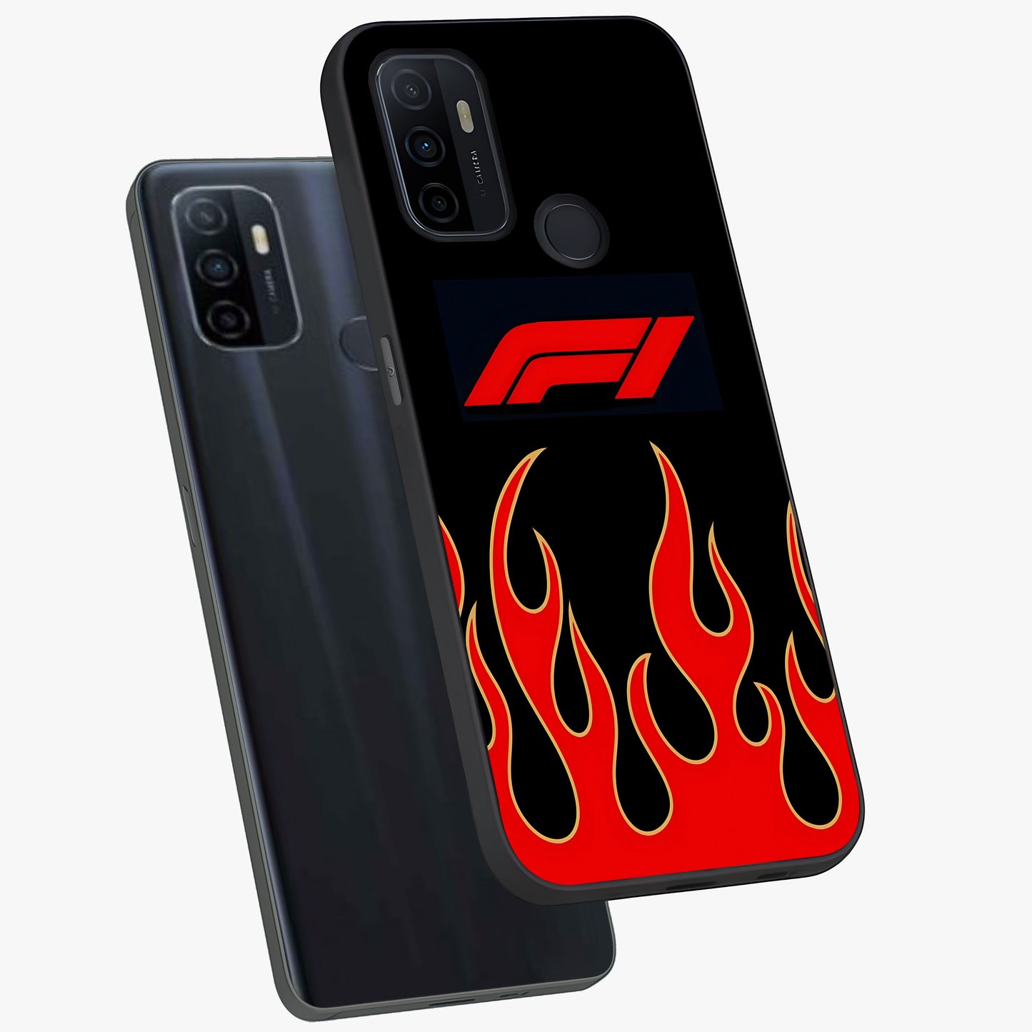 Fire F11 Glass Case displayed in angled mockup highlighting bold fire inspired graphic with energetic aesthetic style.