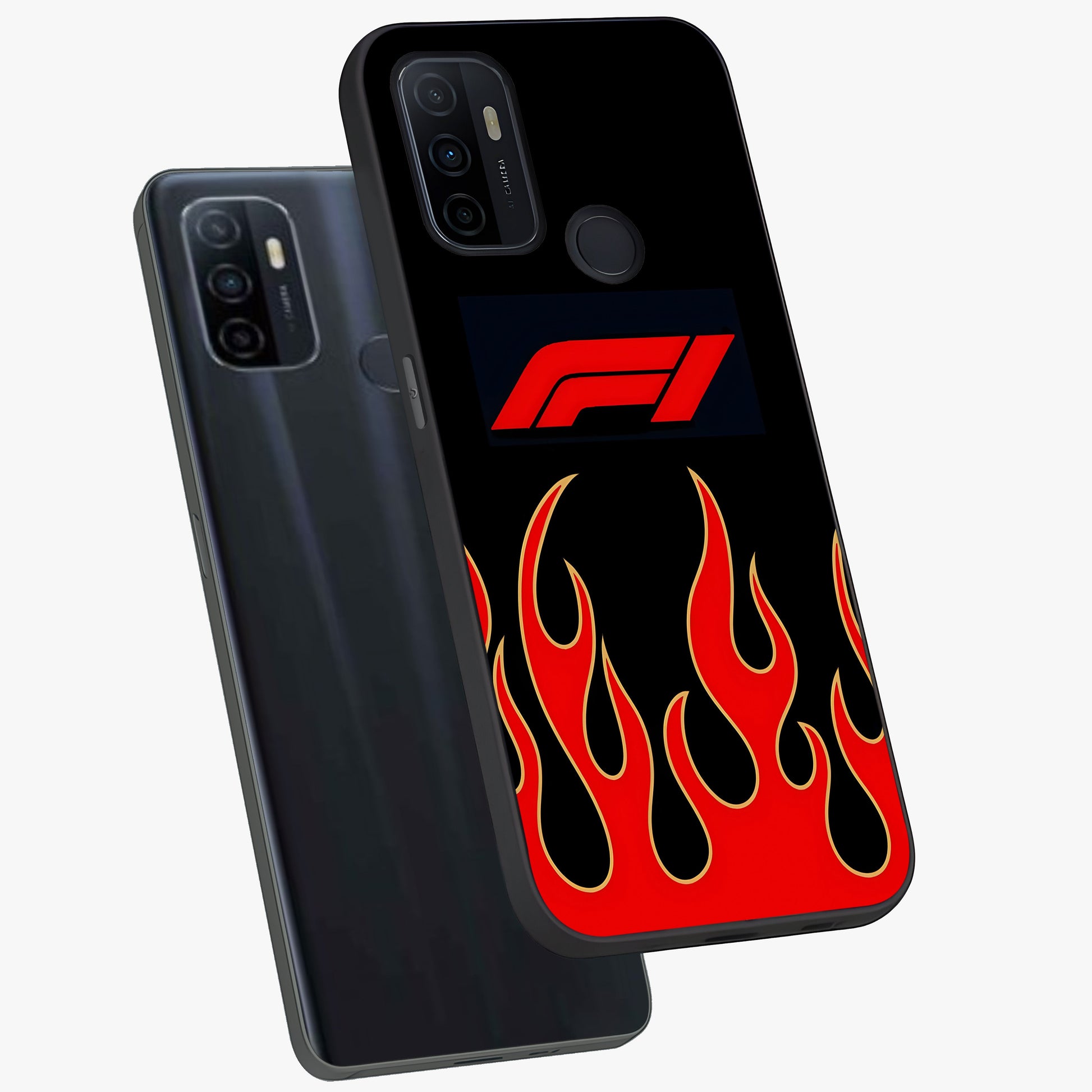 Fire F11 Glass Case displayed in angled mockup highlighting bold fire inspired graphic with energetic aesthetic style.