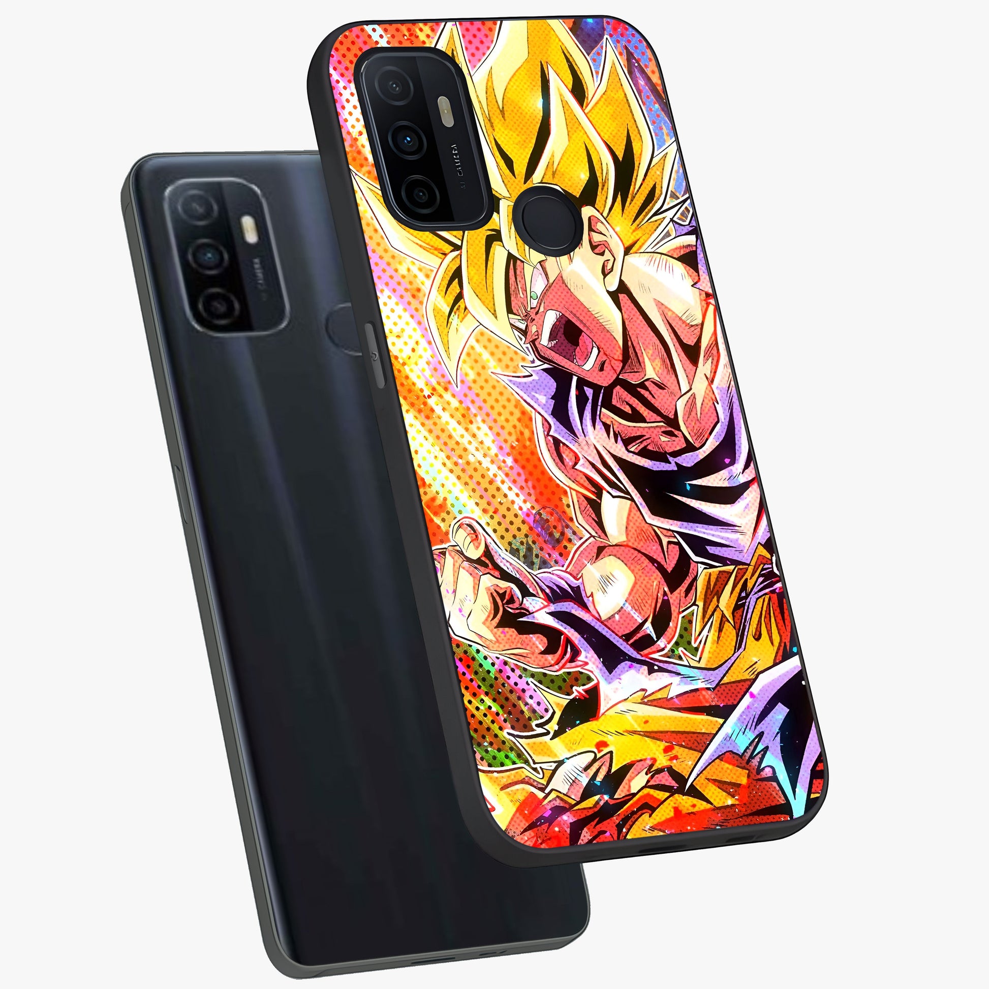 Firing Goku Glass Case displayed in angled mockup highlighting dynamic anime character design with action aesthetic.