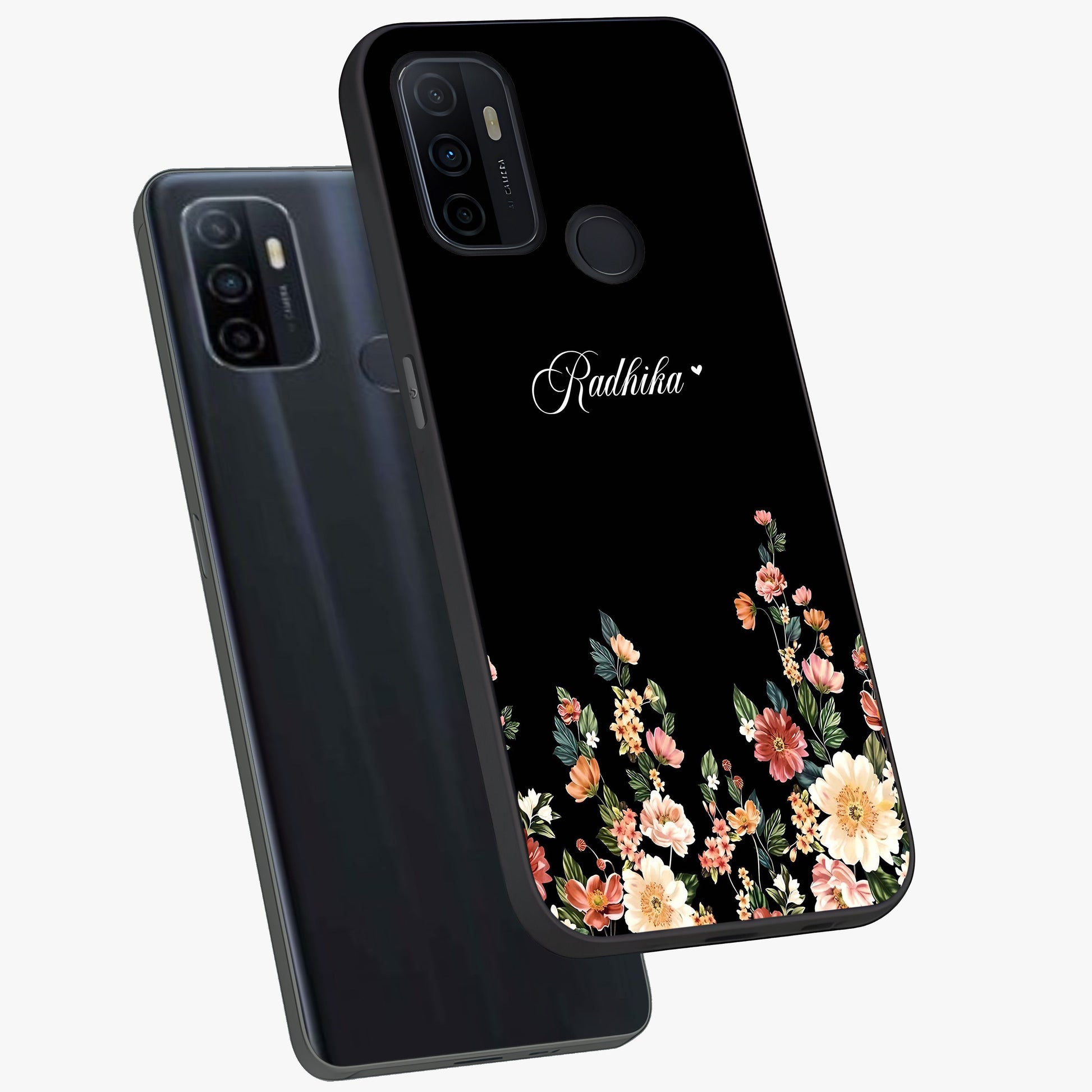 Floral Design With a Custom Personalized Name Glass Case displayed in angled mockup highlighting elegant floral pattern with custom name feature.