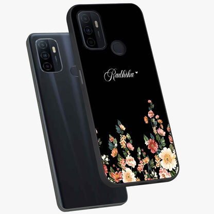 Floral Design With a Custom Personalized Name Glass Case displayed in angled mockup highlighting elegant floral pattern with custom name feature.