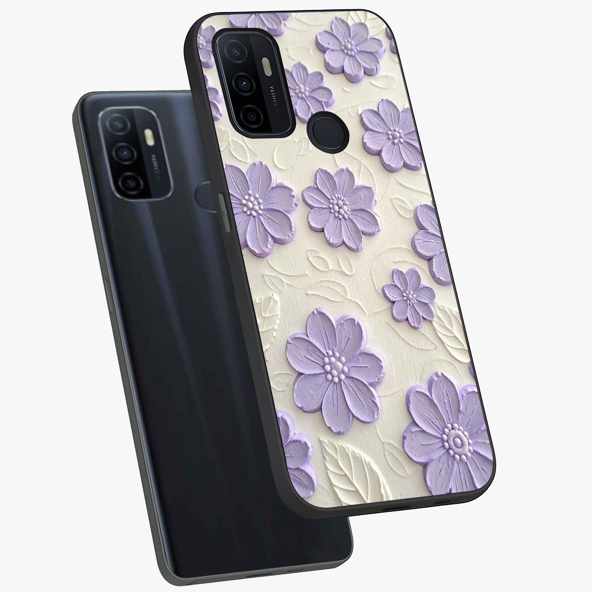 Floral Wall Art With Purple Flowers Glass Case displayed in angled mockup highlighting vibrant purple floral illustration with artistic aesthetic.