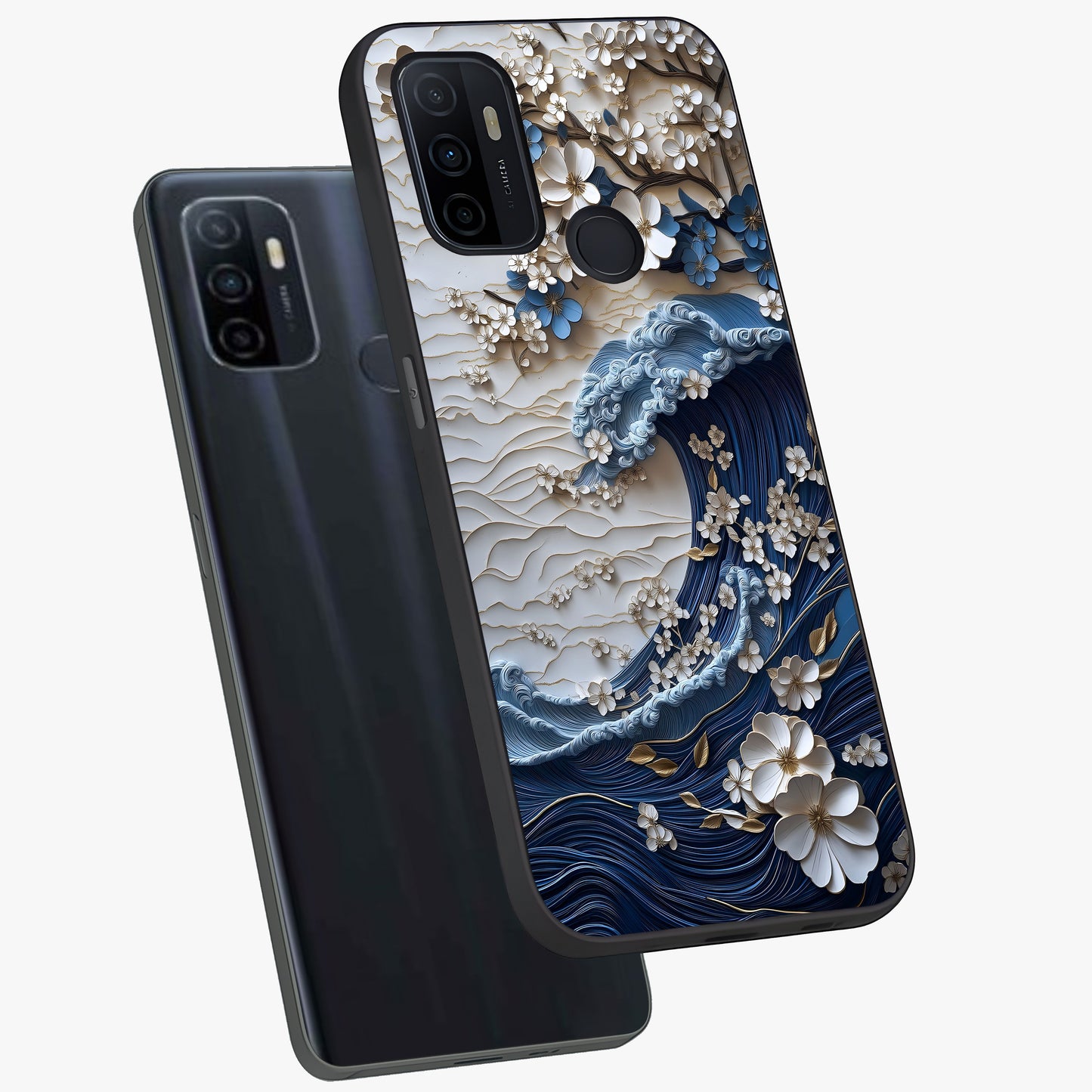 Floral Wave Origami Glass Case displayed in angled mockup highlighting geometric origami flower design with modern aesthetic style.