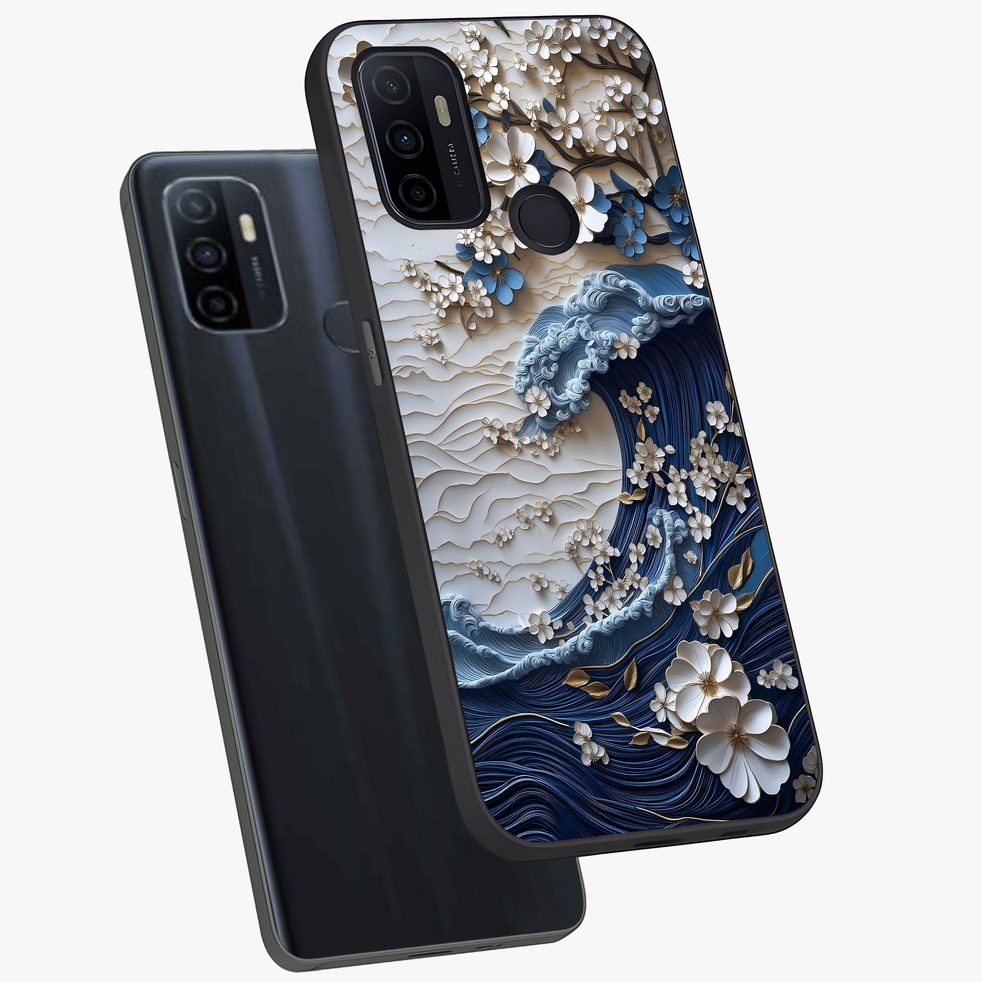 Floral Wave Origami Glass Case displayed in angled mockup highlighting geometric origami flower design with modern aesthetic style.