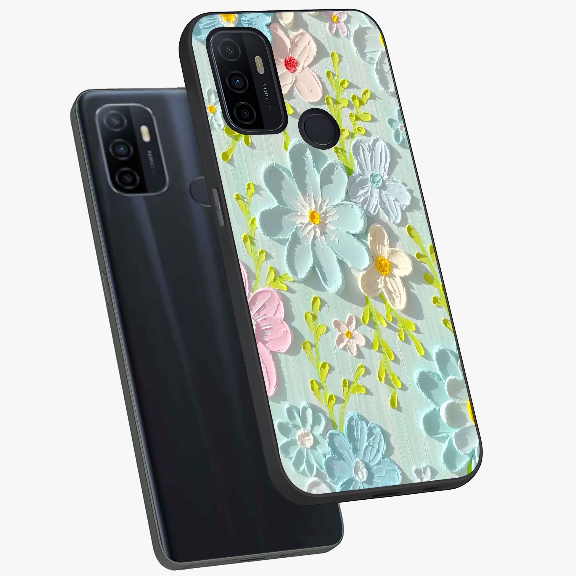 Frosted Petal Garden Glass Case displayed in angled mockup highlighting delicate flower petal design with calm garden aesthetic.