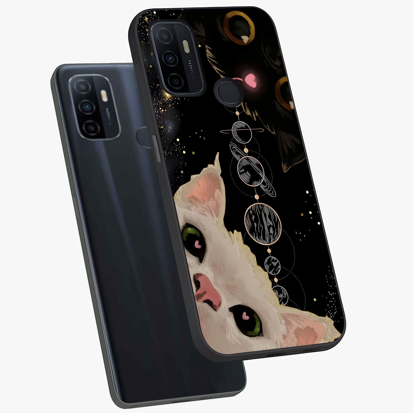 Galactic Cat Glass Case displayed in angled mockup highlighting celestial feline illustration with galaxy aesthetic style.