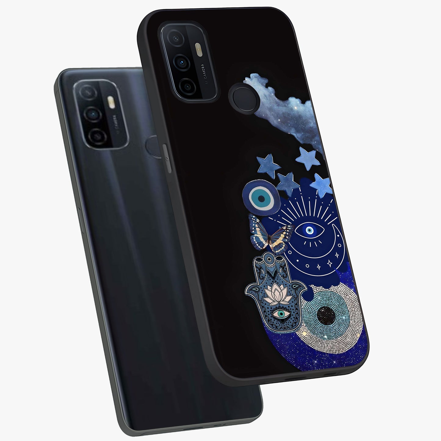 Galactic Charm Cluster Glass Case displayed in angled mockup highlighting luminous galaxy inspired design with dreamy aesthetic.
