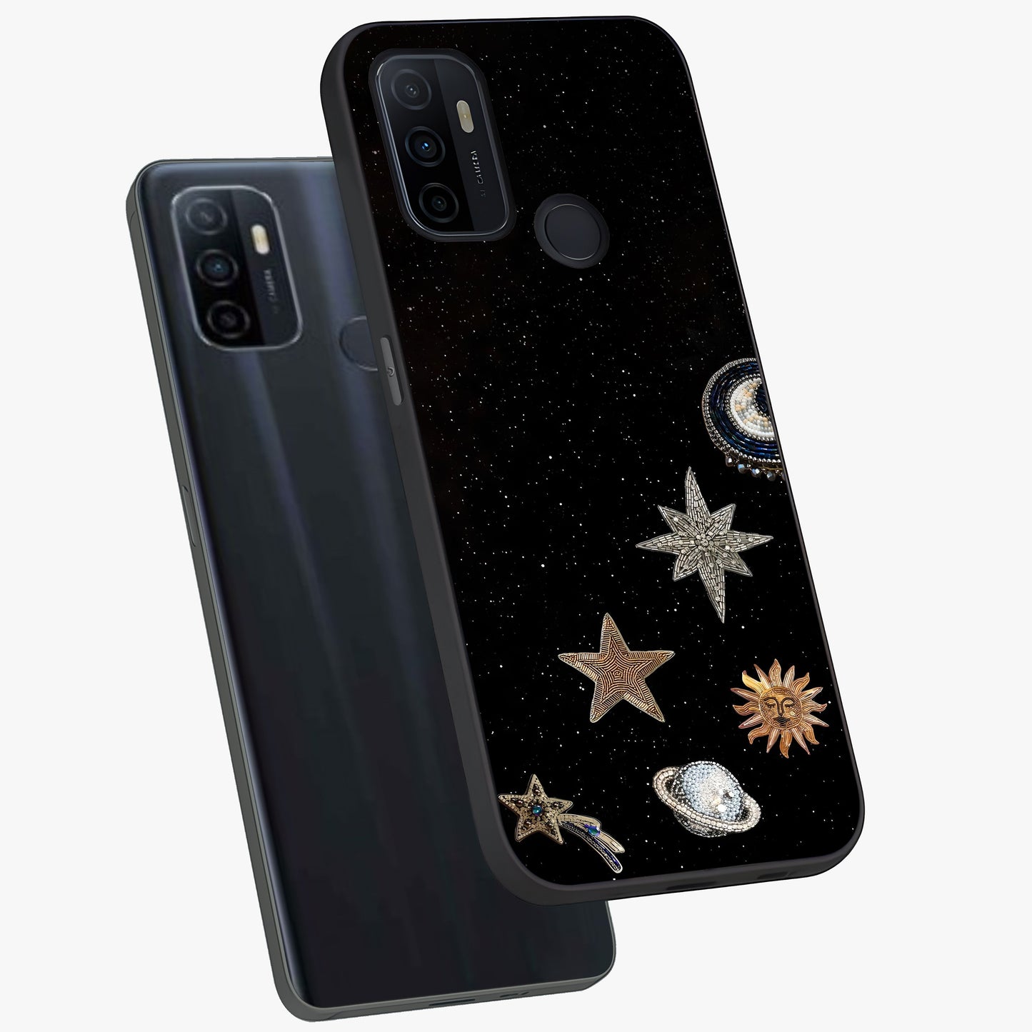 Galactic Charm Glow Glass Case displayed in angled mockup highlighting luminous galaxy inspired design with dreamy aesthetic.