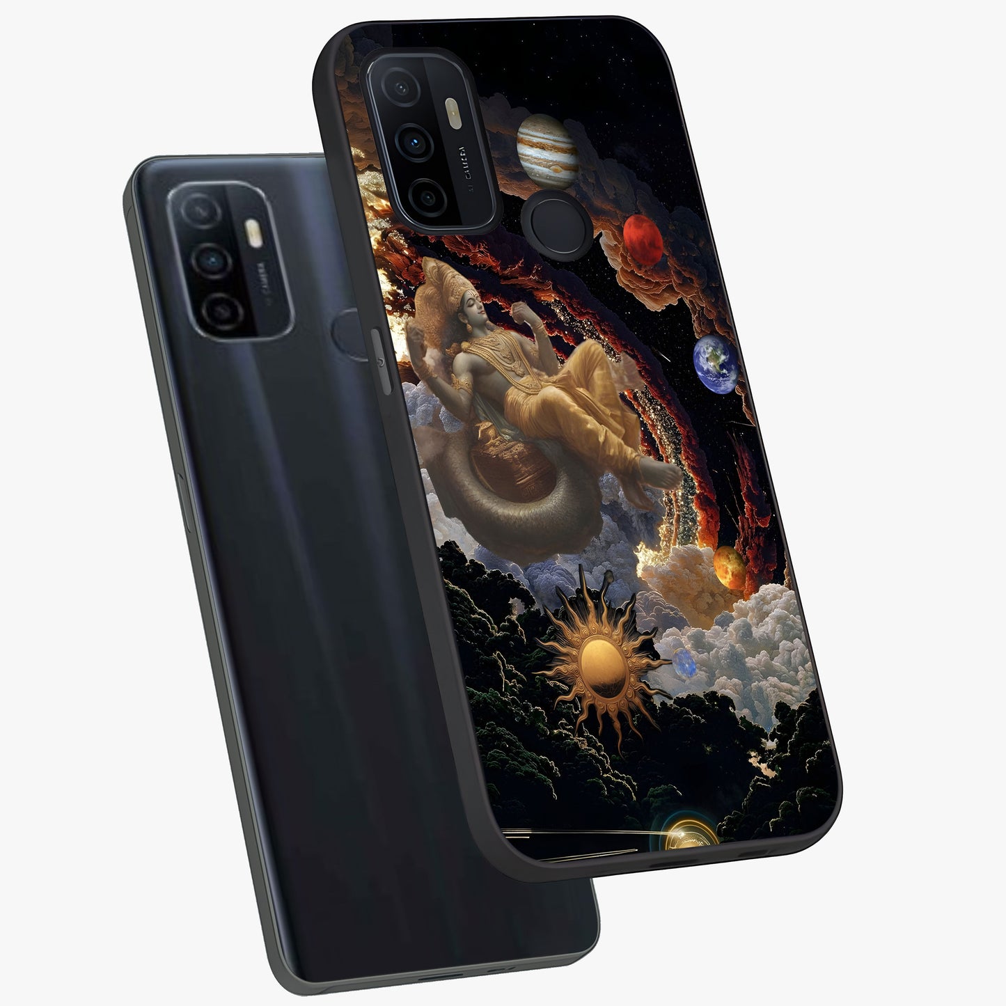 Galactic Divine God Glass Case displayed in angled mockup highlighting powerful celestial deity illustration with galactic aesthetic.