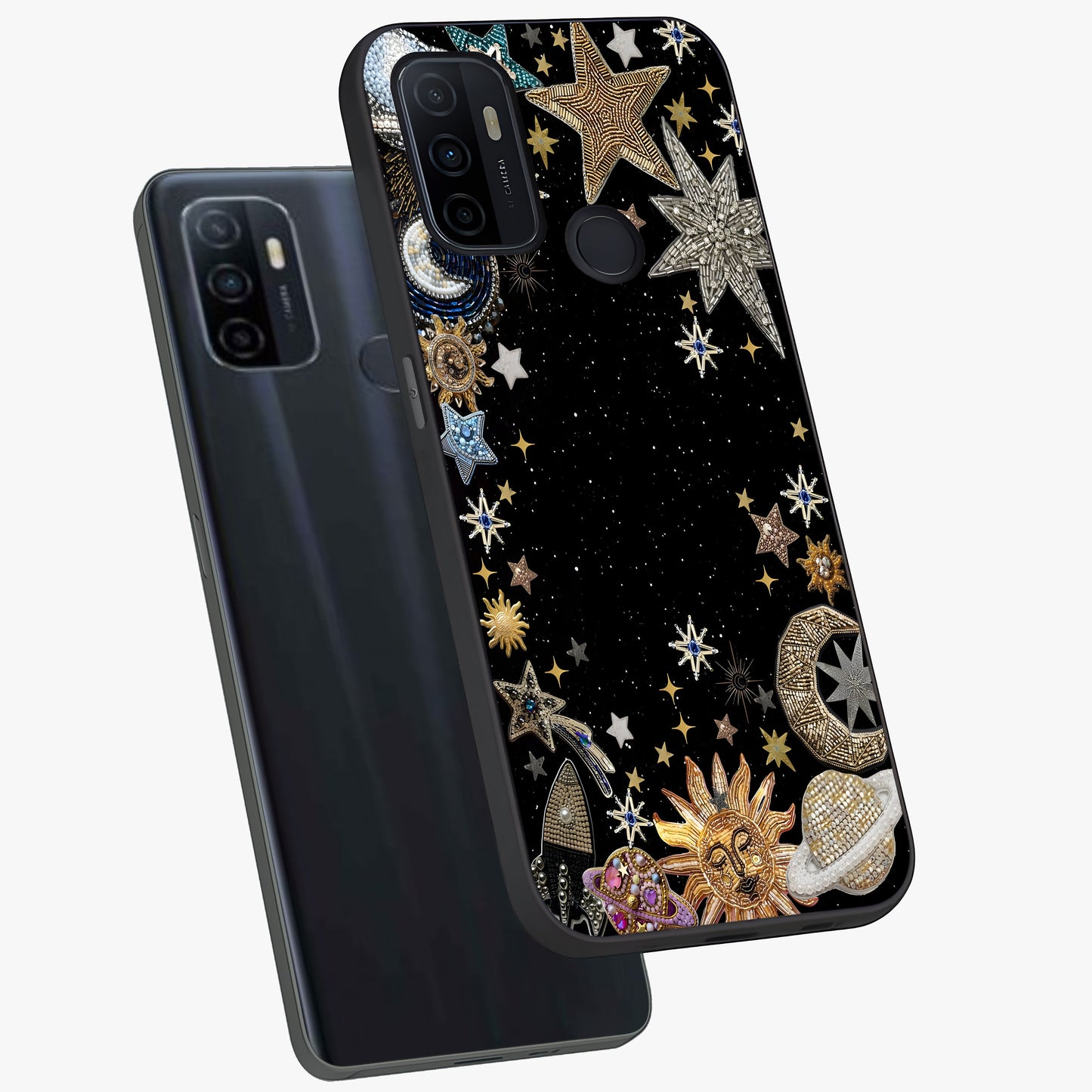 Galactic Jewel Stars Glass Case displayed in angled mockup highlighting shining celestial star design with cosmic aesthetic style.