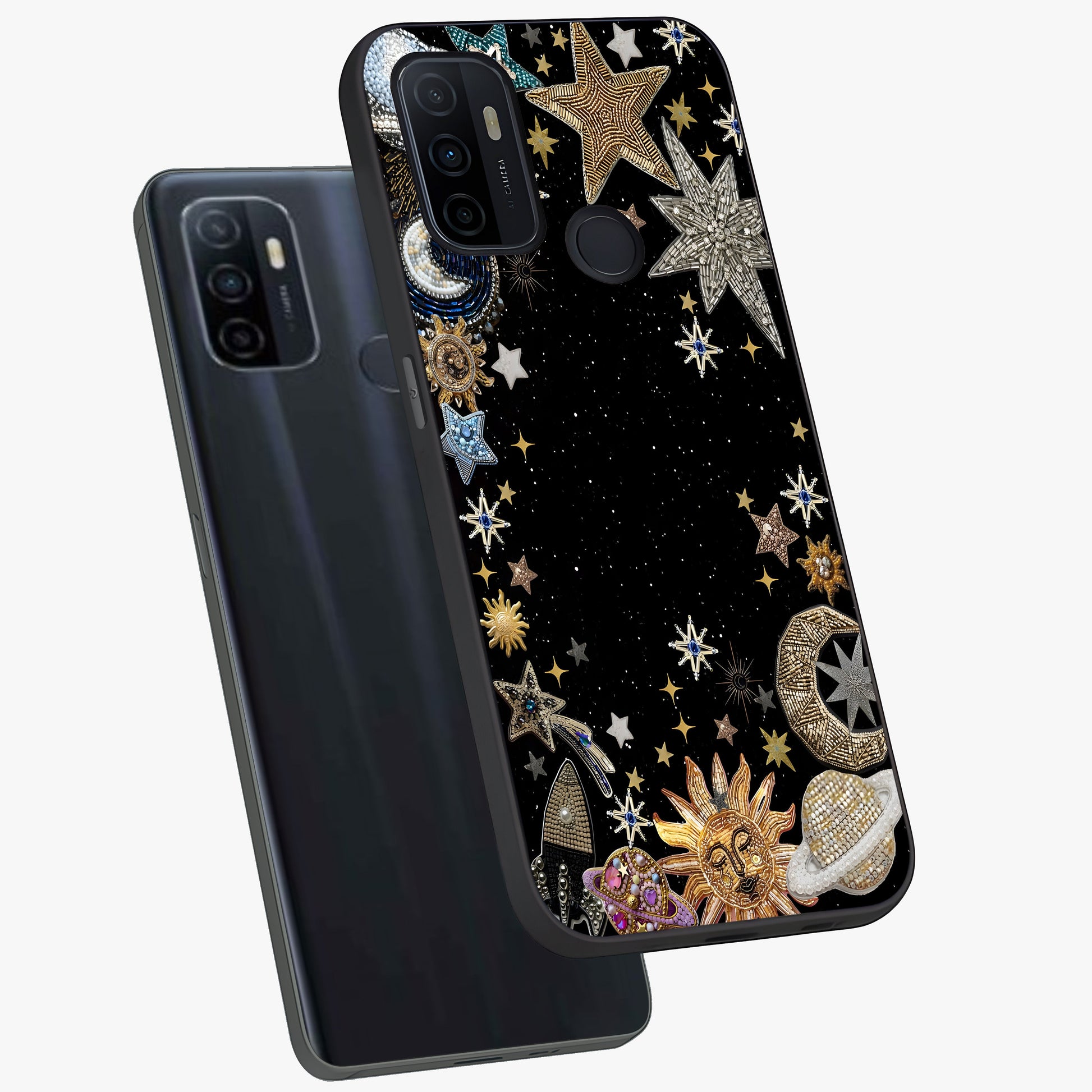 Galactic Jewel Stars Glass Case displayed in angled mockup highlighting shining celestial star design with cosmic aesthetic style.