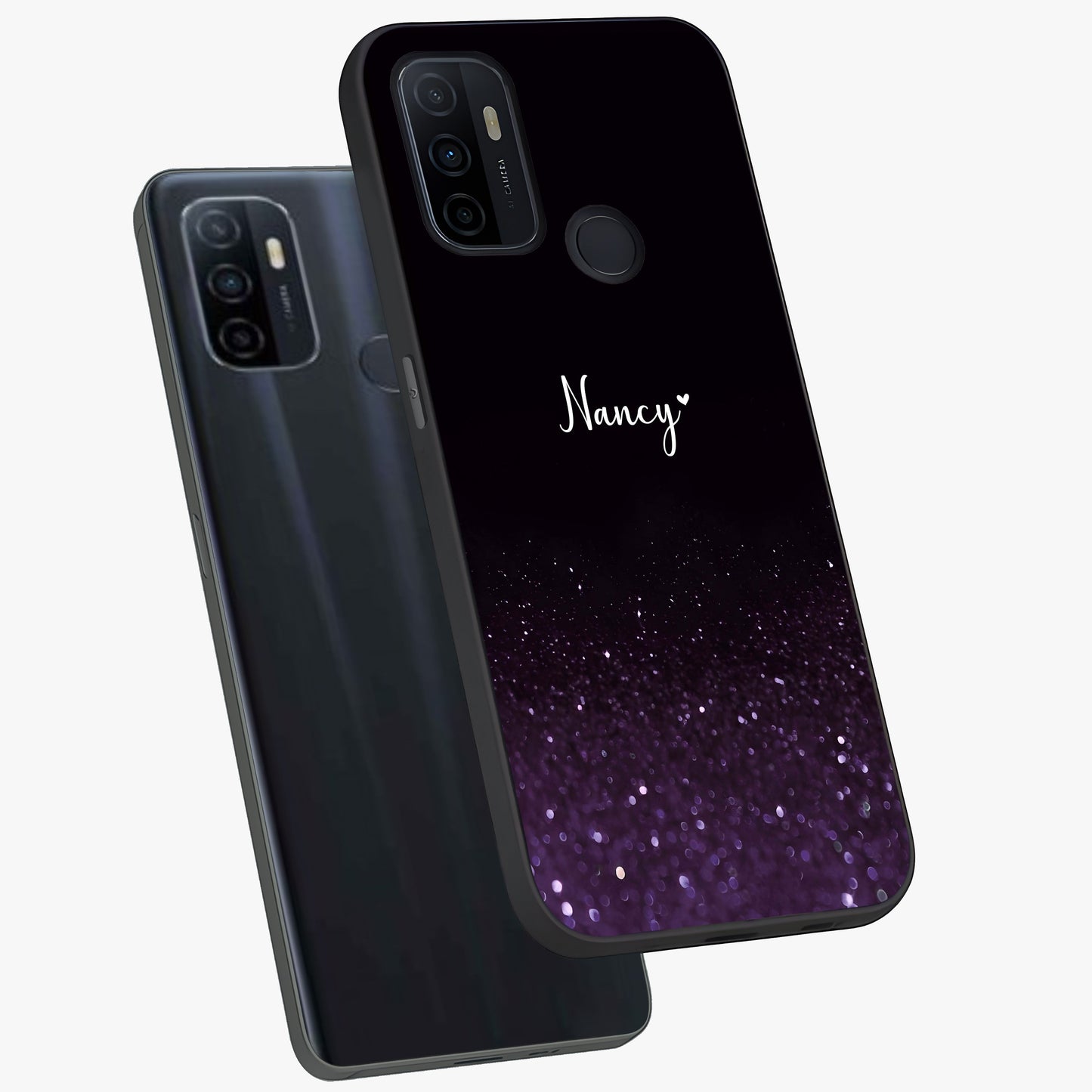 Glittery Purple Bokeh Custom Name Glass Case displayed in angled mockup highlighting glitter bokeh pattern with custom name feature.