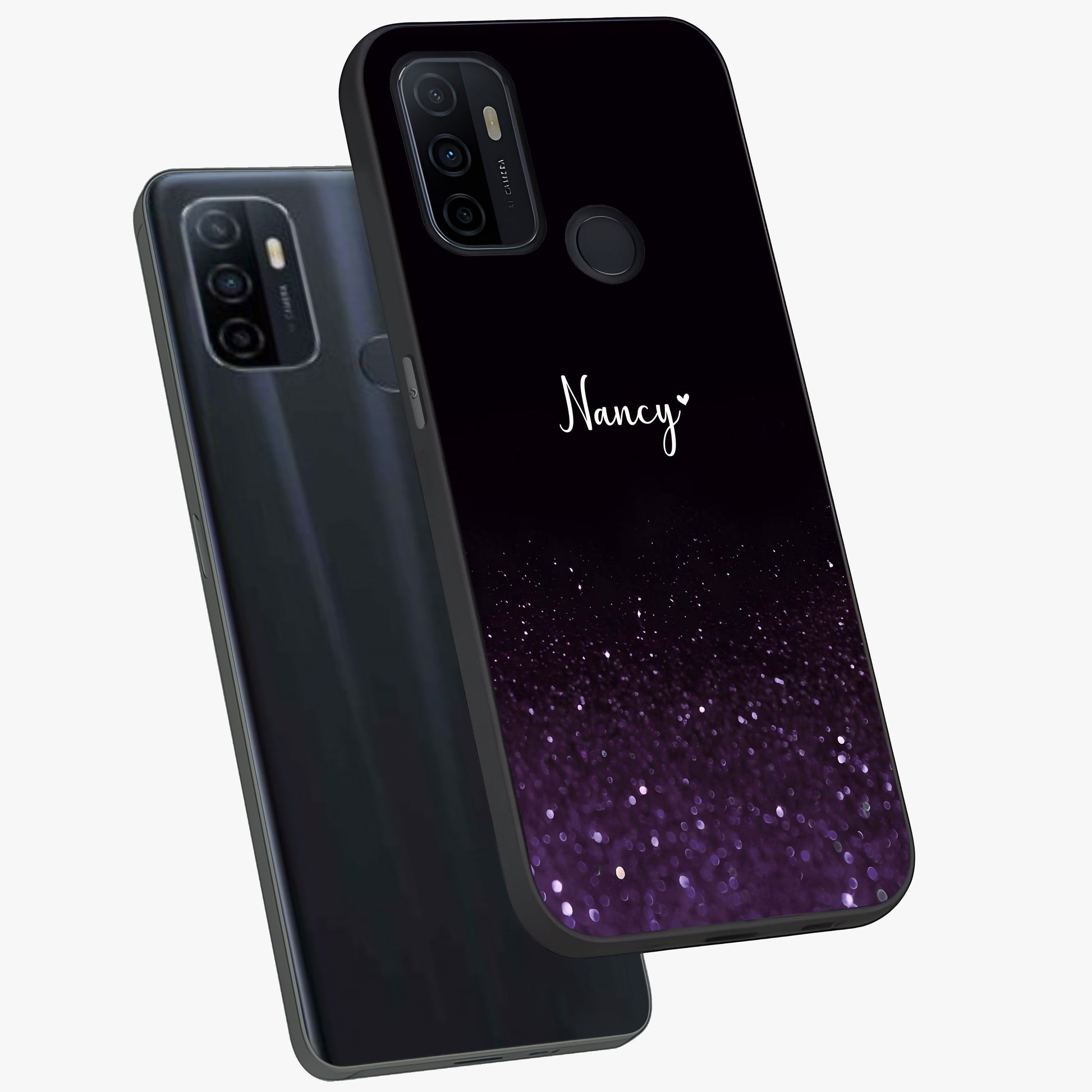 Glittery Purple Bokeh Custom Name Glass Case displayed in angled mockup highlighting glitter bokeh pattern with custom name feature.