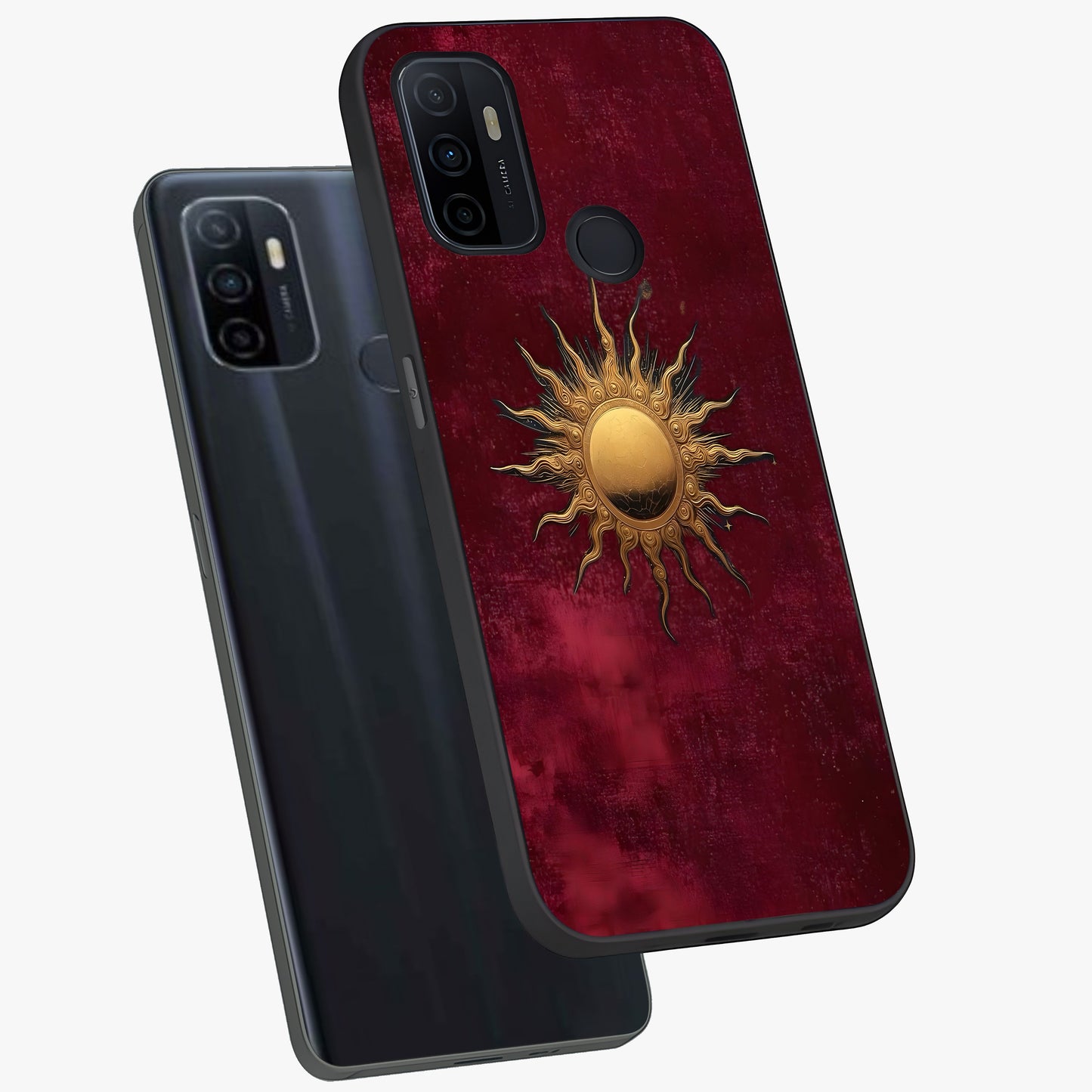 Golden Sun Minimalism Glass Case displayed in angled mockup highlighting clean sun symbol design with modern minimal aesthetic.