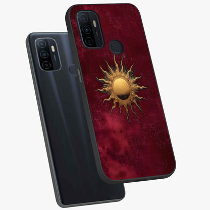 Golden Sun Minimalism Glass Case displayed in angled mockup highlighting clean sun symbol design with modern minimal aesthetic.