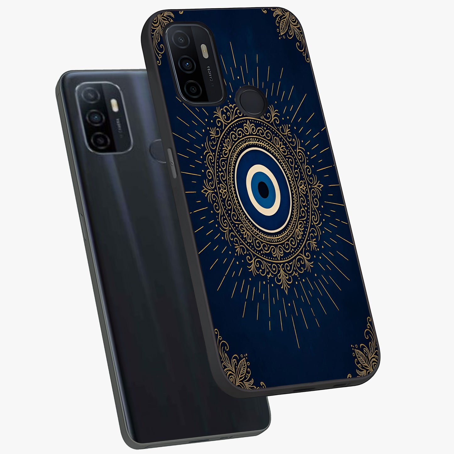 Golden Celestial Charm Glass Case displayed in angled mockup highlighting sparkling cosmic charm design with celestial aesthetic.