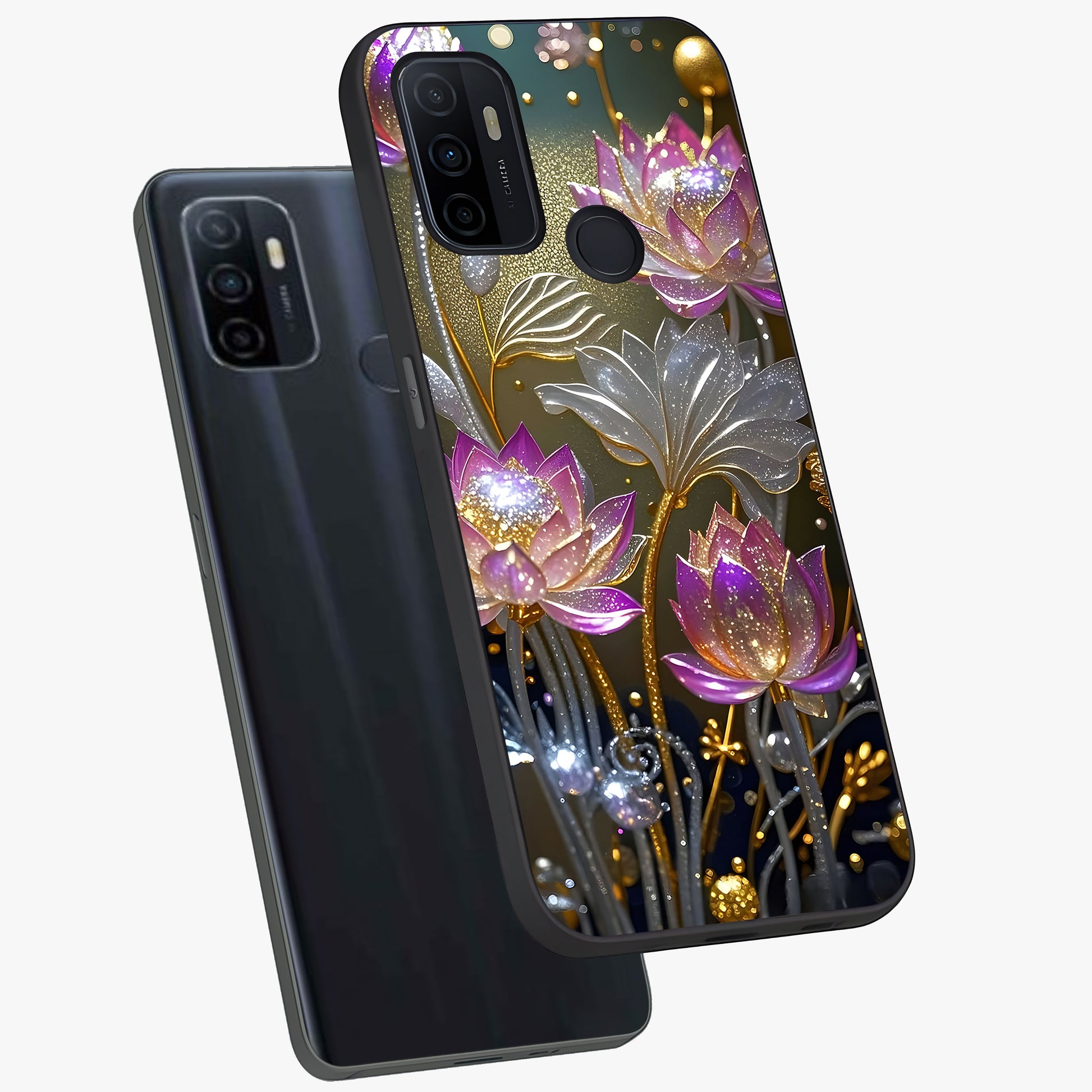 Golden Floral Majesty Glass Case displayed in angled mockup highlighting elegant flower design with royal golden aesthetic.