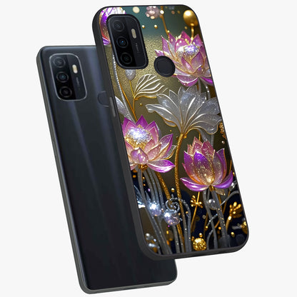 Golden Floral Majesty Glass Case displayed in angled mockup highlighting elegant flower design with royal golden aesthetic.