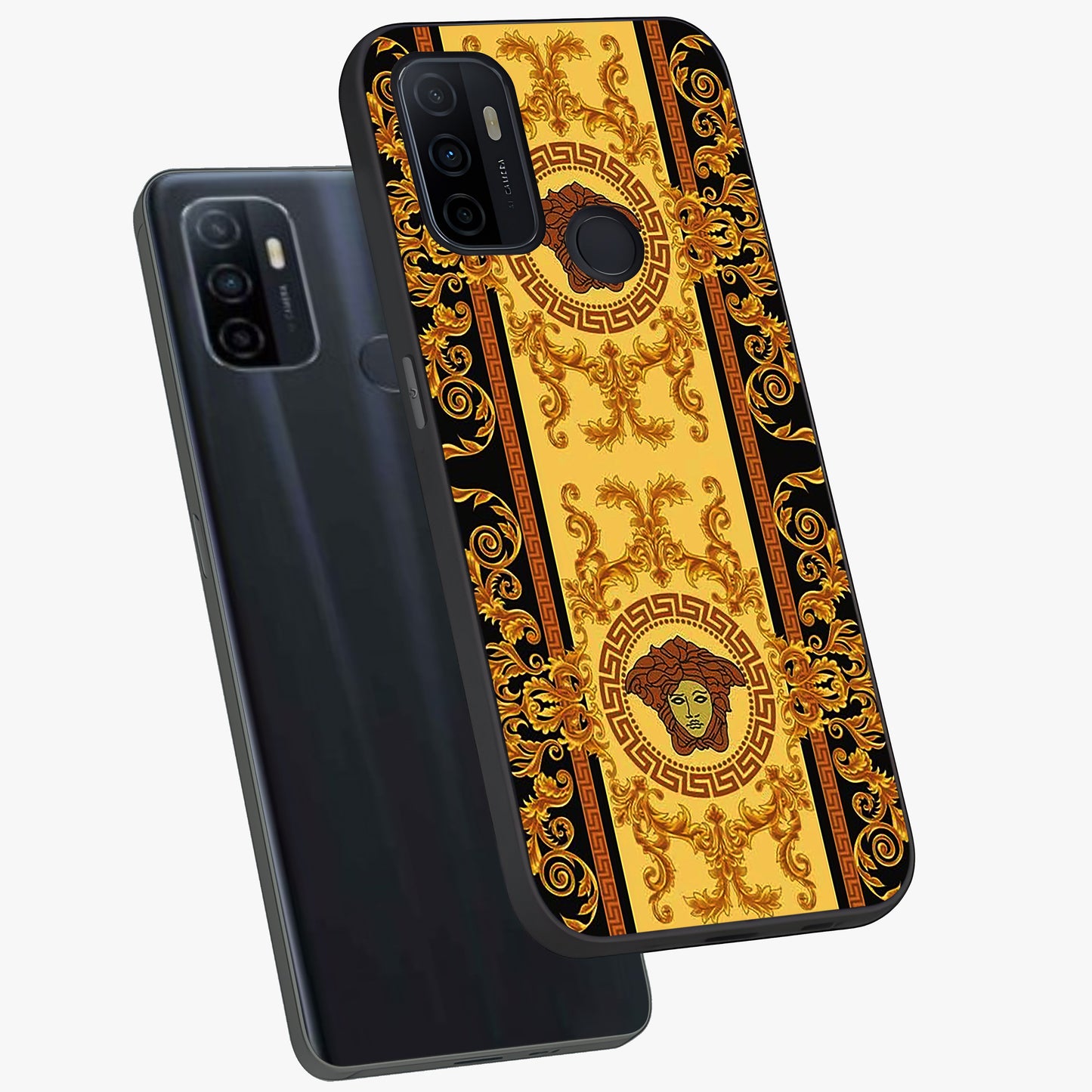 Golden Lotus Glow Glass Case displayed in angled mockup highlighting radiant lotus illustration with spiritual aesthetic.