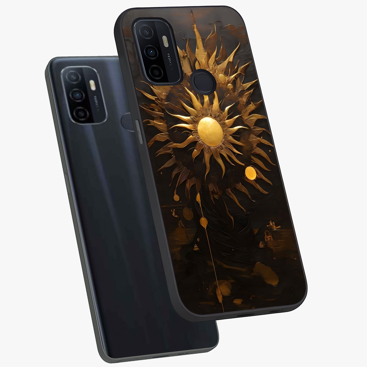 Golden Sun Majesty Glass Case displayed in angled mockup highlighting eerie shadow illustration with gothic aesthetic.