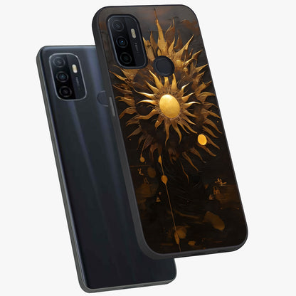 Golden Sun Majesty Glass Case displayed in angled mockup highlighting eerie shadow illustration with gothic aesthetic.