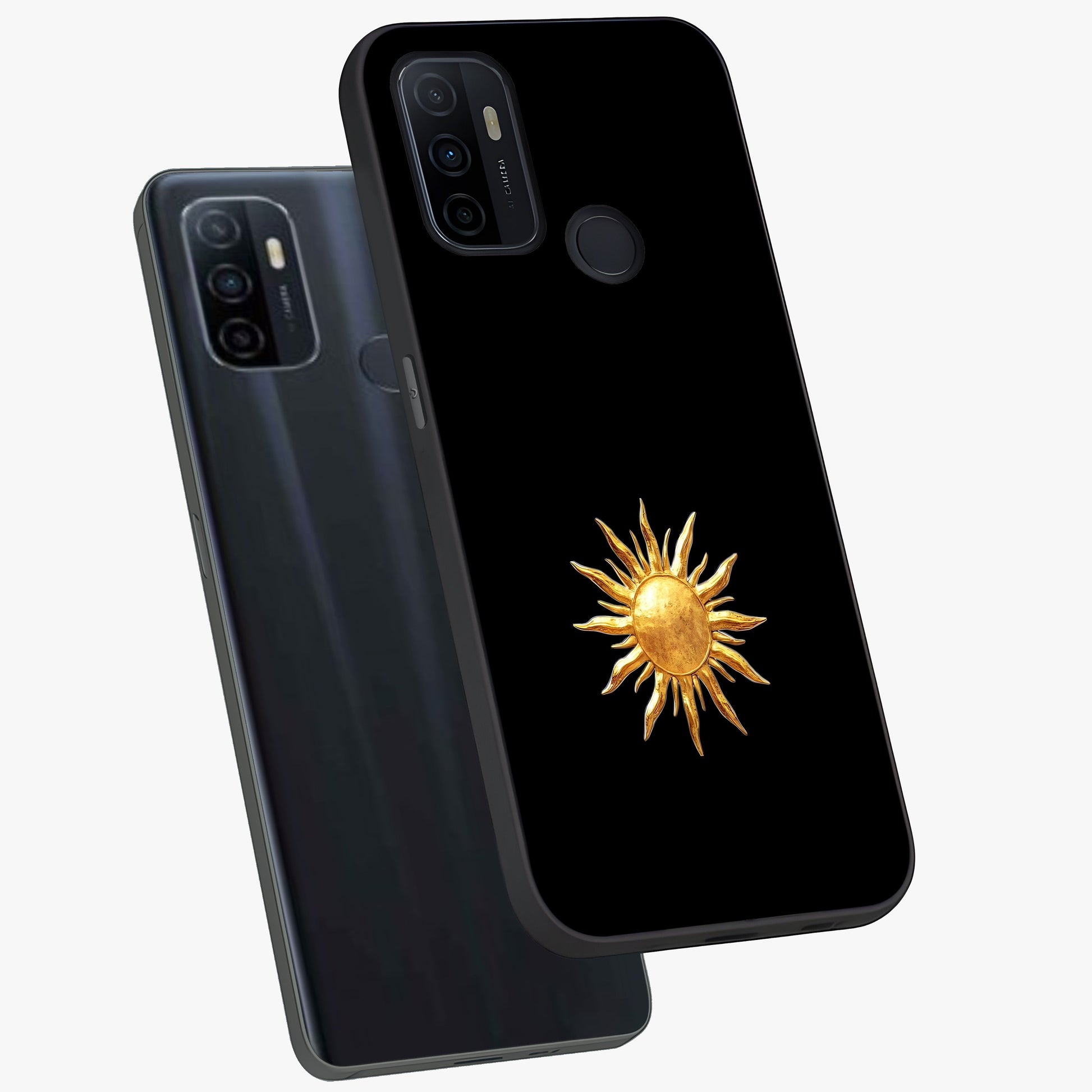 Golden Sun Minimalism Glass Case displayed in angled mockup highlighting eerie shadow illustration with gothic aesthetic.