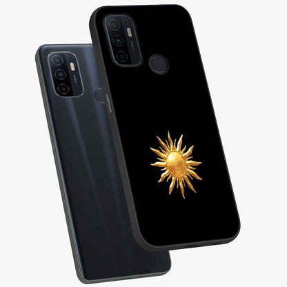 Golden Sun Minimalism Glass Case displayed in angled mockup highlighting eerie shadow illustration with gothic aesthetic.