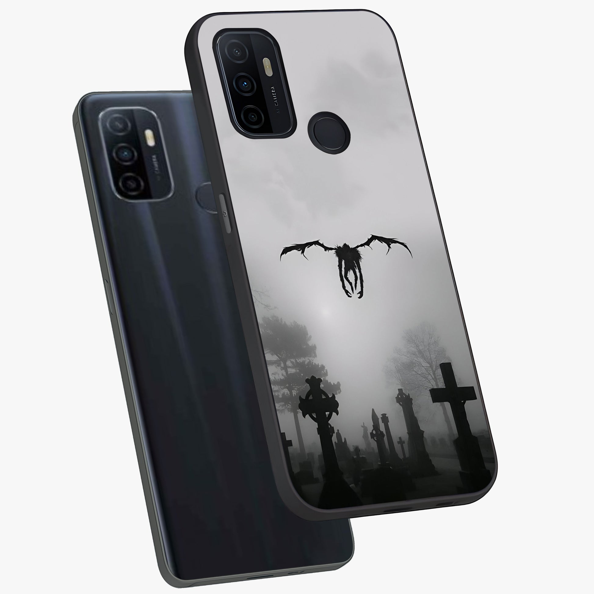 Graveyard Shadow Descent Glass Case displayed in angled mockup highlighting eerie shadow illustration with gothic aesthetic.
