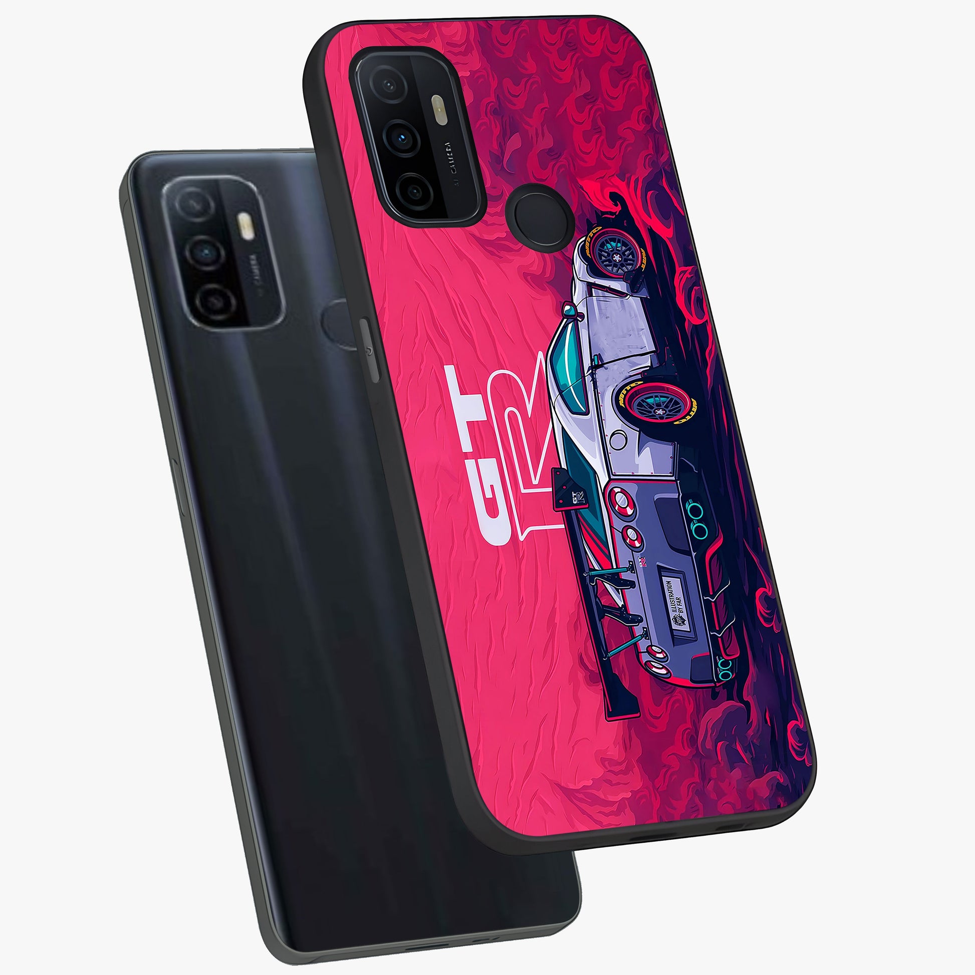 GT-R Car Pattern Glass Case displayed in angled mockup highlighting racing car graphic design with bold automotive aesthetic.