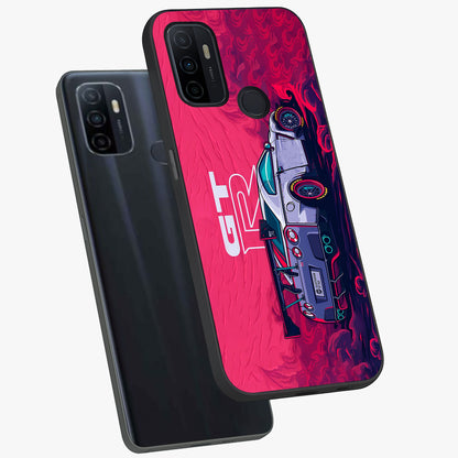 GT-R Car Pattern Glass Case displayed in angled mockup highlighting racing car graphic design with bold automotive aesthetic.