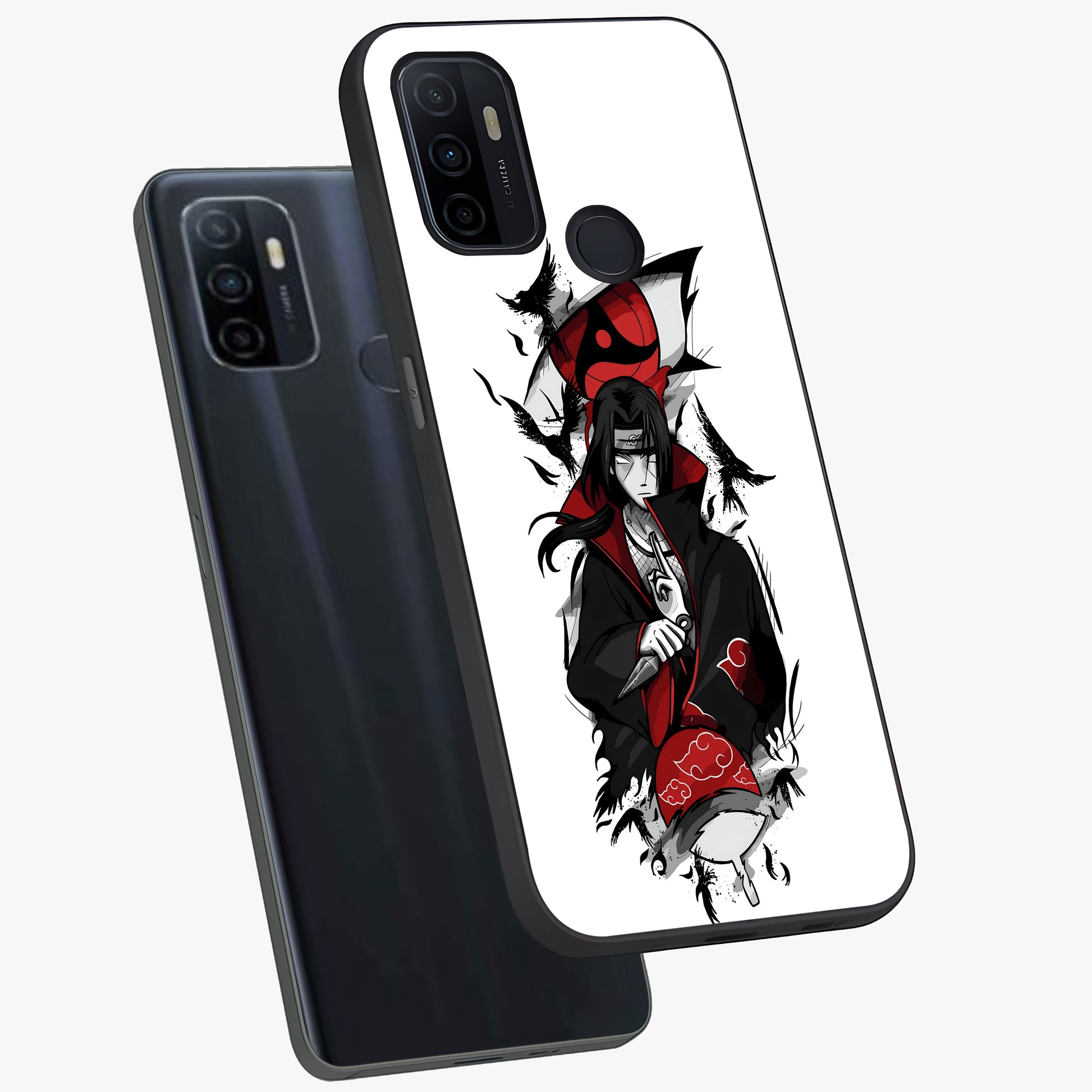 Itachi Limited Edition Naruto Anime Glass Case displayed in angled mockup highlighting dramatic anime illustration with bold action aesthetic.