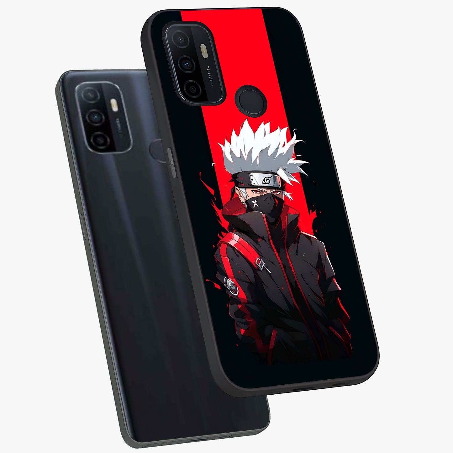 Kakashi Scarlet Shadow Glass Case displayed in angled mockup highlighting dramatic ninja illustration with scarlet themed aesthetic.