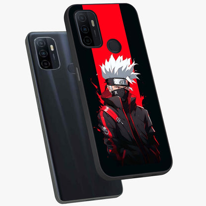 Kakashi Scarlet Shadow Glass Case displayed in angled mockup highlighting dramatic ninja illustration with scarlet themed aesthetic.